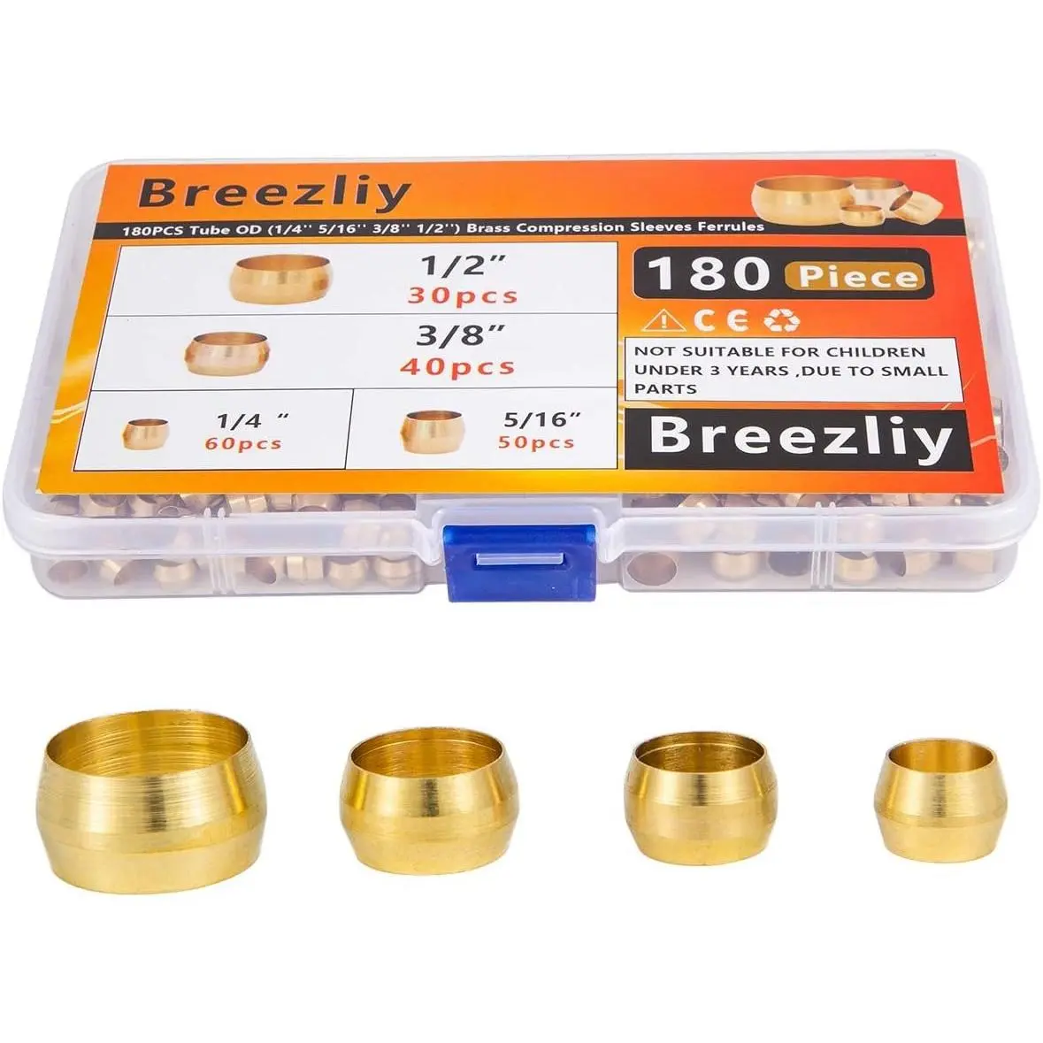 180PCS Tube OD 1/4" 5/16" 3/8" 1/2" Brass Compression Sleeves Ferrules 4 Sizes Brass Compression Fitting Assortment Kit
