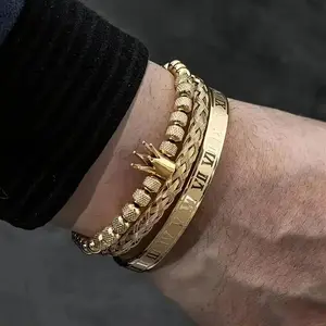 Men's 3-Pcs Streetwear Jewellery Set - Stainless Steel Roman Numerals Crown Charm Bangle, Stackable Braided Rope Chain Bracelet, Casual Hip Hop Male Gift
