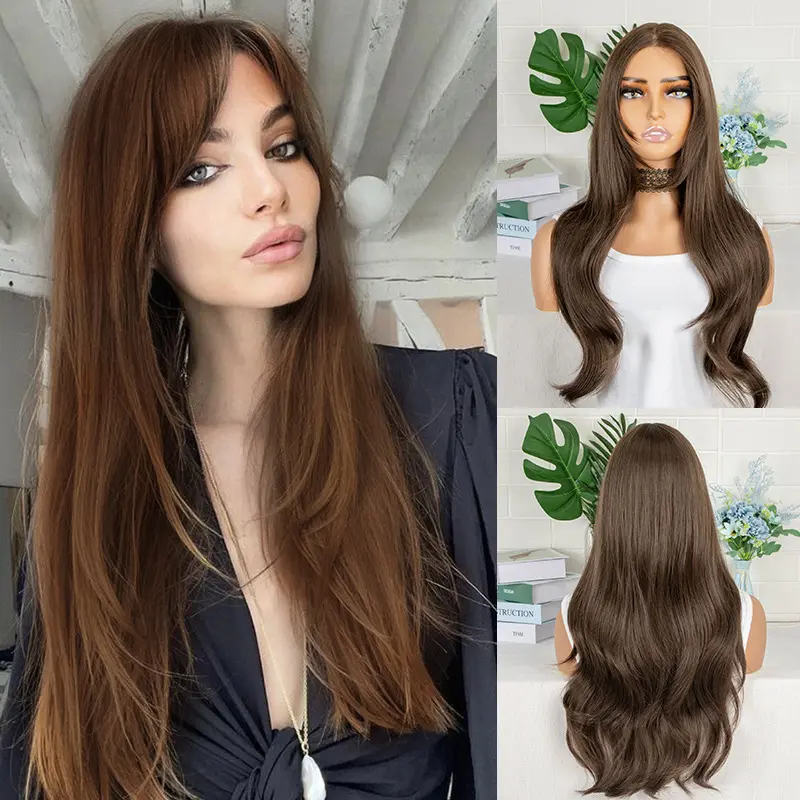 Brown long wavy hair with French middle bangs and front lace for European and American women clip hair extensions