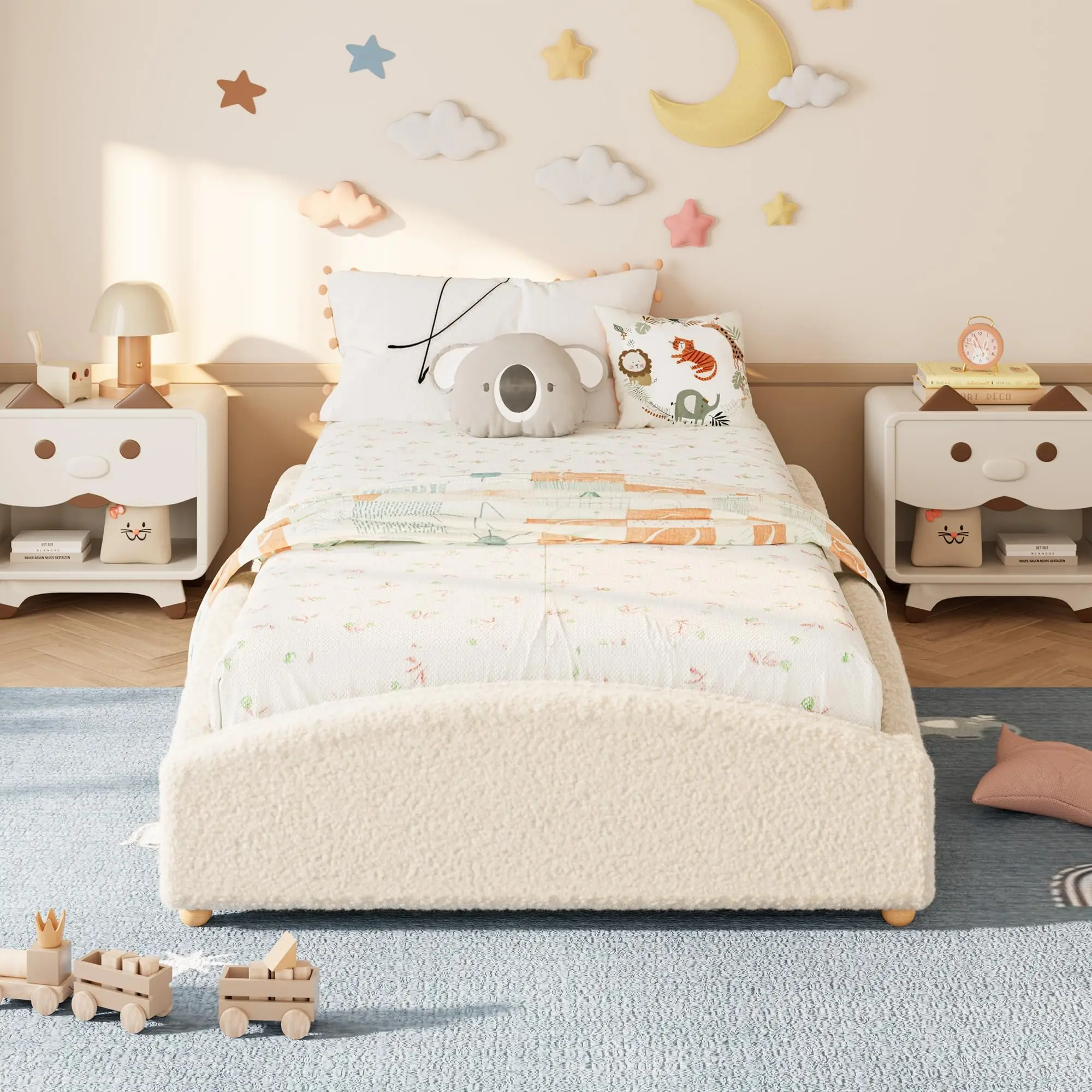 Twin/Twin XL Size Upholstered Floor Bed for Kids – Teddy Fabric Soft Upholstered Bed Frame with Cloud Shaped Guardrails, Low Profile Platform Bed with Wooden Slats, Modern Nursery Bed for Boys & Girls
