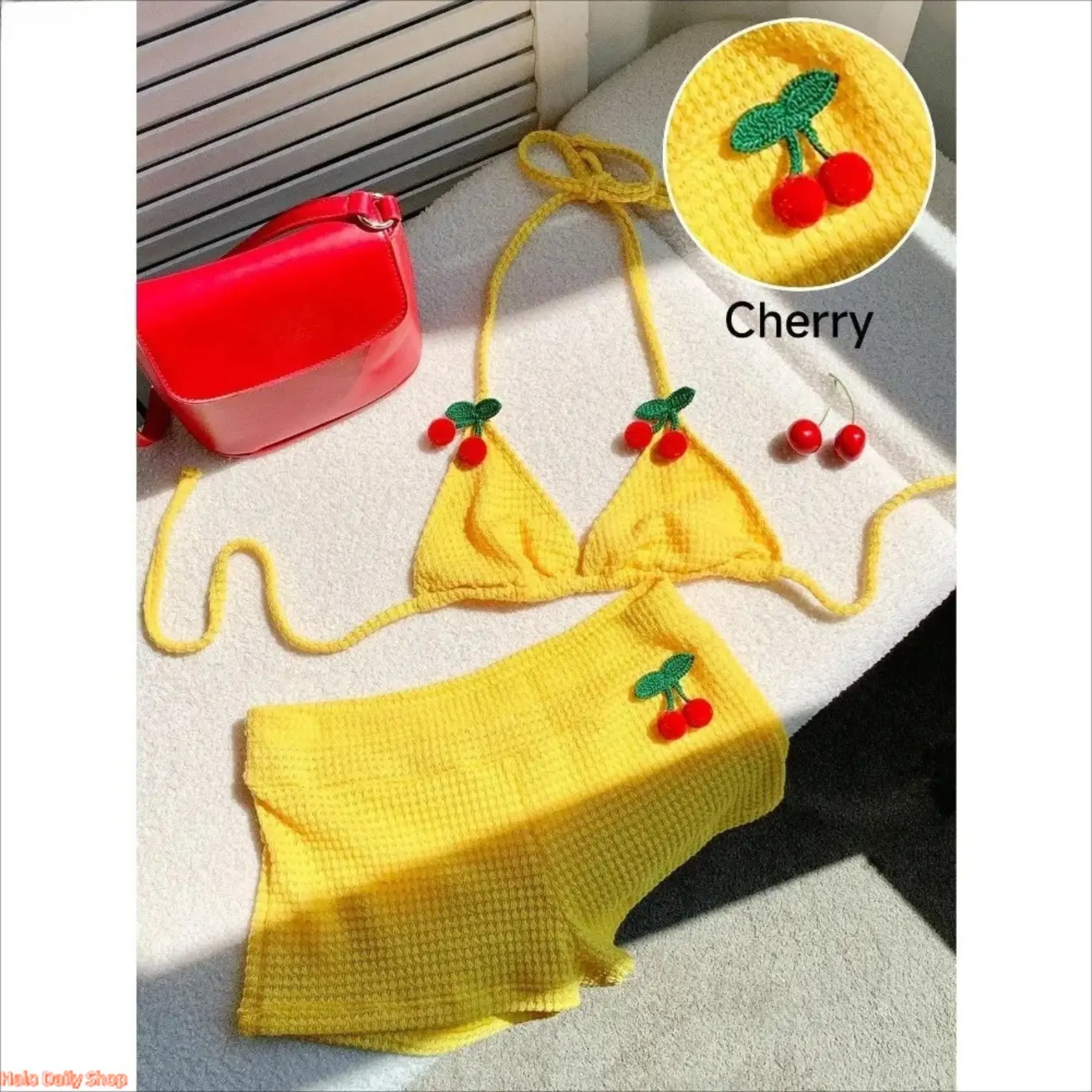 Women's 2-Piece Casual Halter Neck Set - Cherry Print Crochet Knit Top, Matching Shorts, Lightweight Sleeveless Style Fabric Summer Beach Cover Up with Relaxed Vibe, Soft