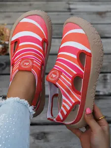 Women's Striped Hollow Out Sandals, Breathable Textile Upper, Wide Fit, Lightweight Anti-Slip Sole, Casual Summer Beach Shoes
