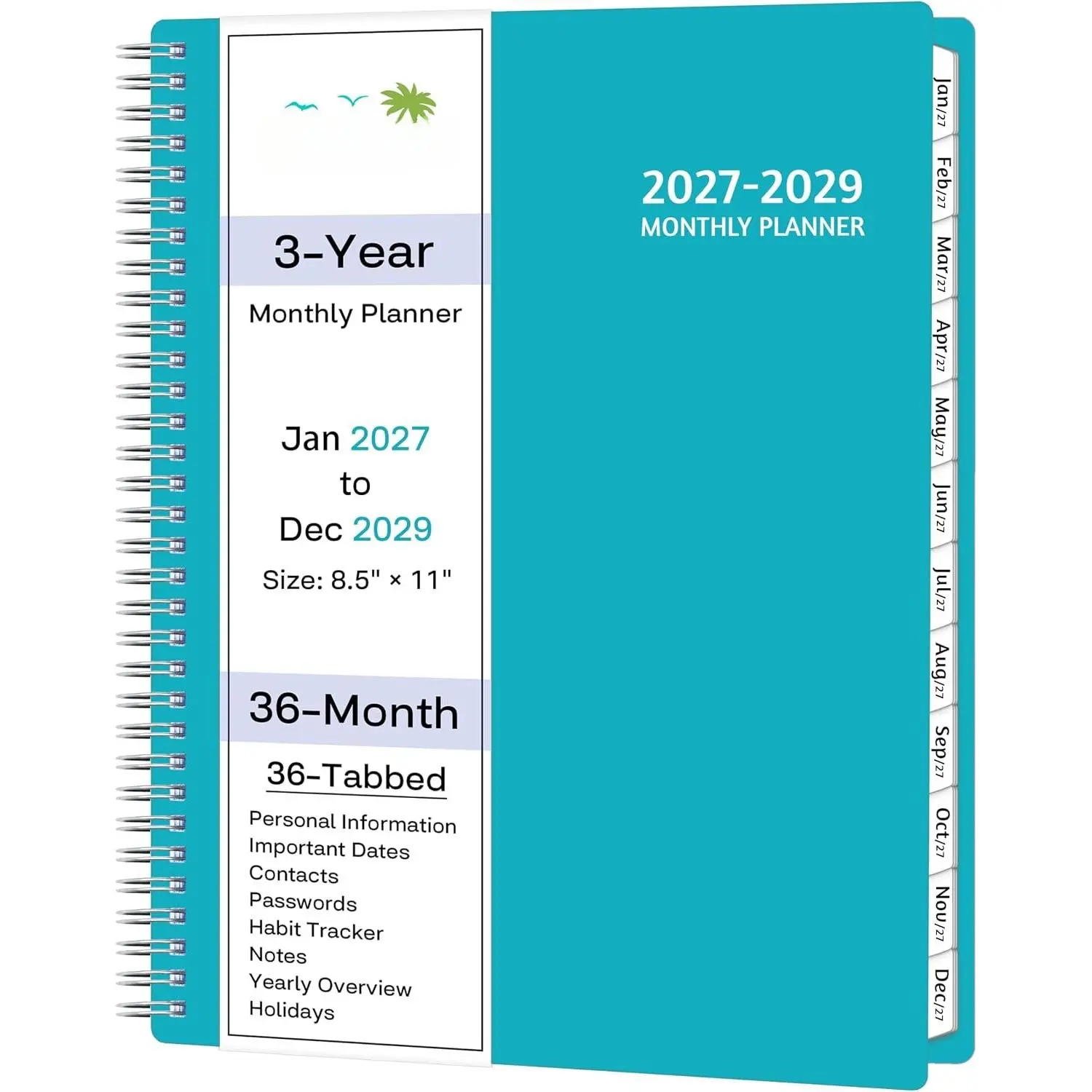 Monthly Planner 2027-2029, 36 Months Calendar Planner 2027-2029 from Jan 2027 – Dec 2029, 8.5'' x 11'' with Ruled Spread, Flexible Cover, Spiral Wirebound, Pocket, Coated Tabs, Notes & Habit