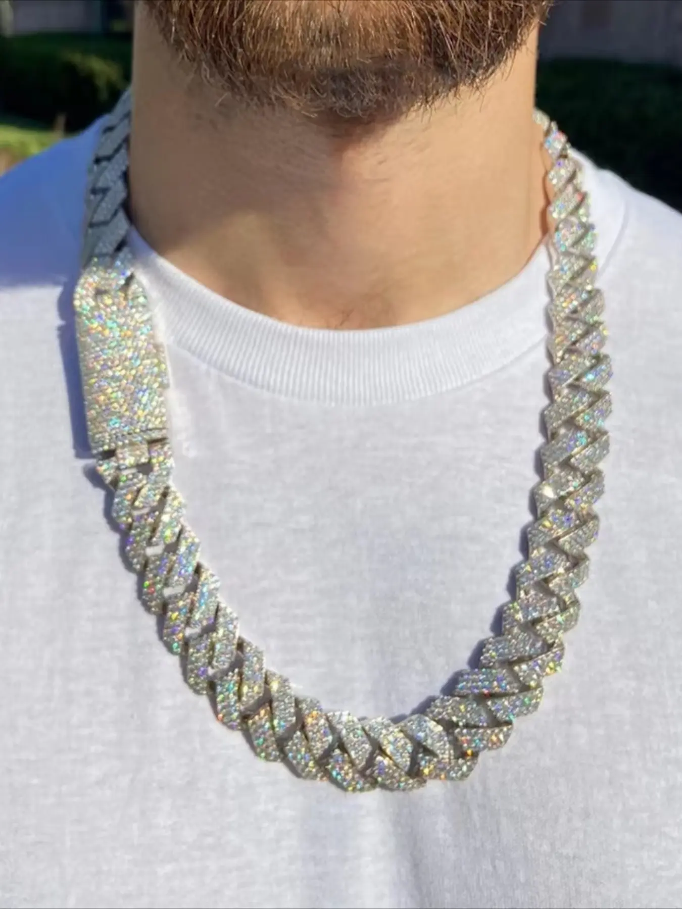 20mm hip-hop style ice crystal full diamond necklace, silver personality necklace, round brilliant cut, luxurious, bold and fashionable jewelry, perfect for parties, everyday wear, and great for holiday gifts, Rhinestone Crystal Necklace