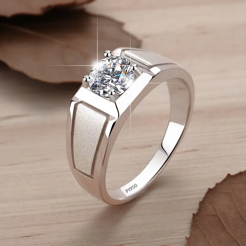 Sterling Silver Silvery Ring for Men, Crown One Carat Moissanite Wedding Ring, Frosted Simple Versatile European American Classic, Holiday Jewelry Gift for Boyfriend