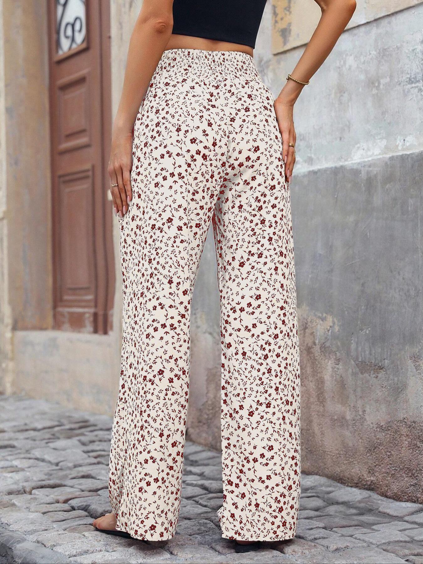 Plus Size Ditsy Floral Print Shirred Tie Front Wide Leg Pants, Boho High Waist Trousers for Beach Vacation Holiday, Women's Bottoms for Summer