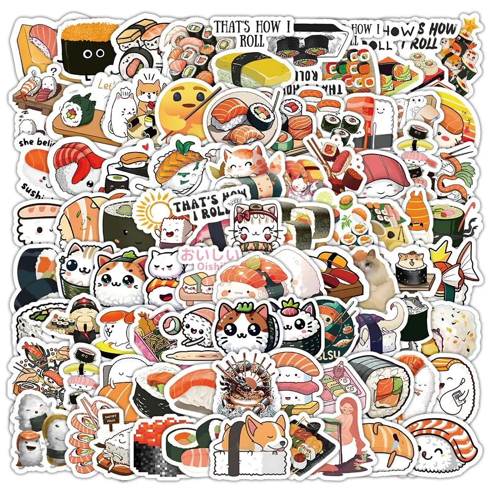 100pcs Sushi Shape Stickers, Rice Ball Sushi Stickers, Exquisite Sushi Stickers, Colorful Decorative Stickers, Beautifying Stickers, Creative And Fun Stickers, Suitable for Roller Skating And Cycling, Cycling Stickers And Decals
