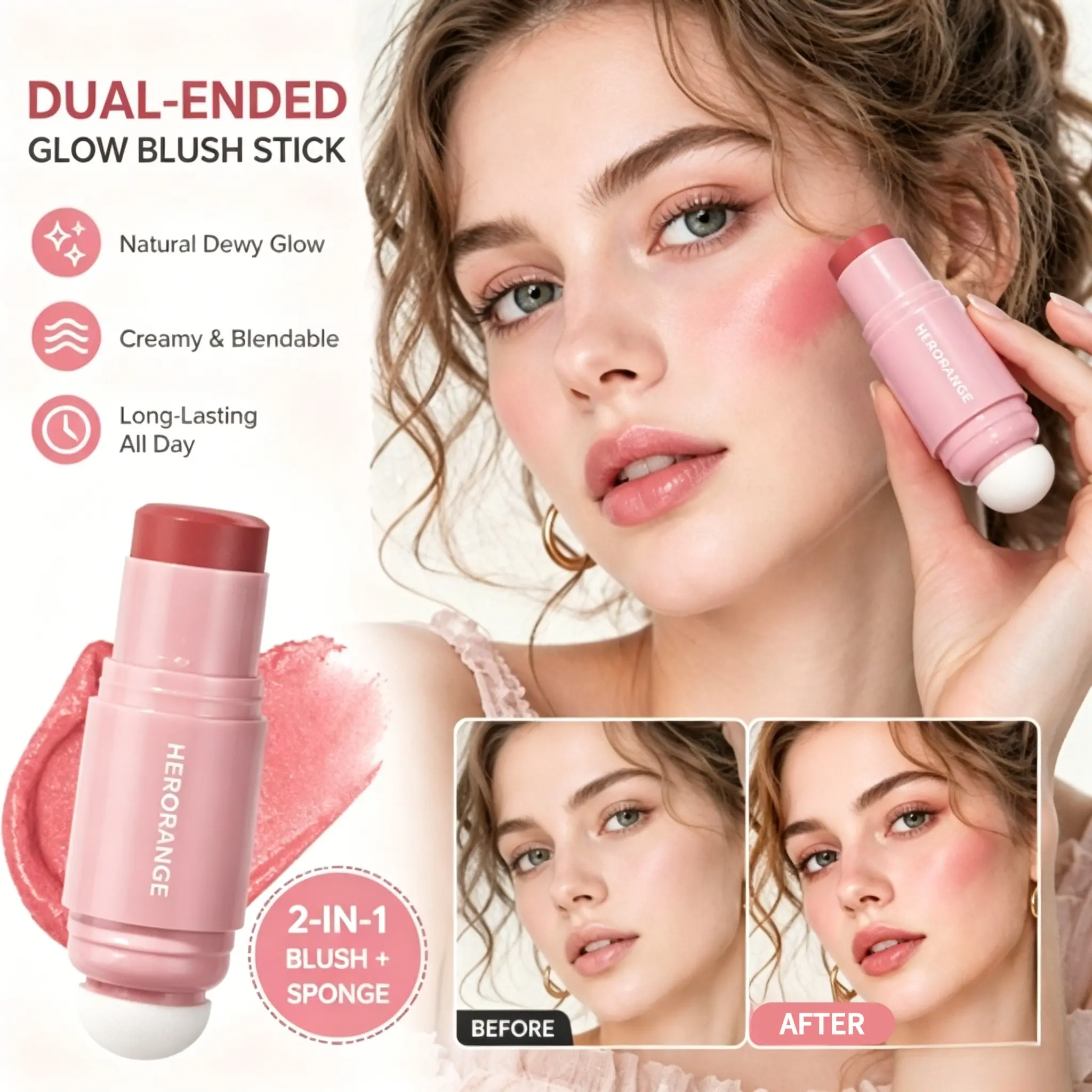 HERORANGE Dual-Ended Glow Blush Stick features a creamy, smooth formula that glides on effortlessly, it delivers a sheer, dewy finish, Lightweight Natural Look, to brighten your complexion naturally, adheres evenly without caking, and is easy to apply
