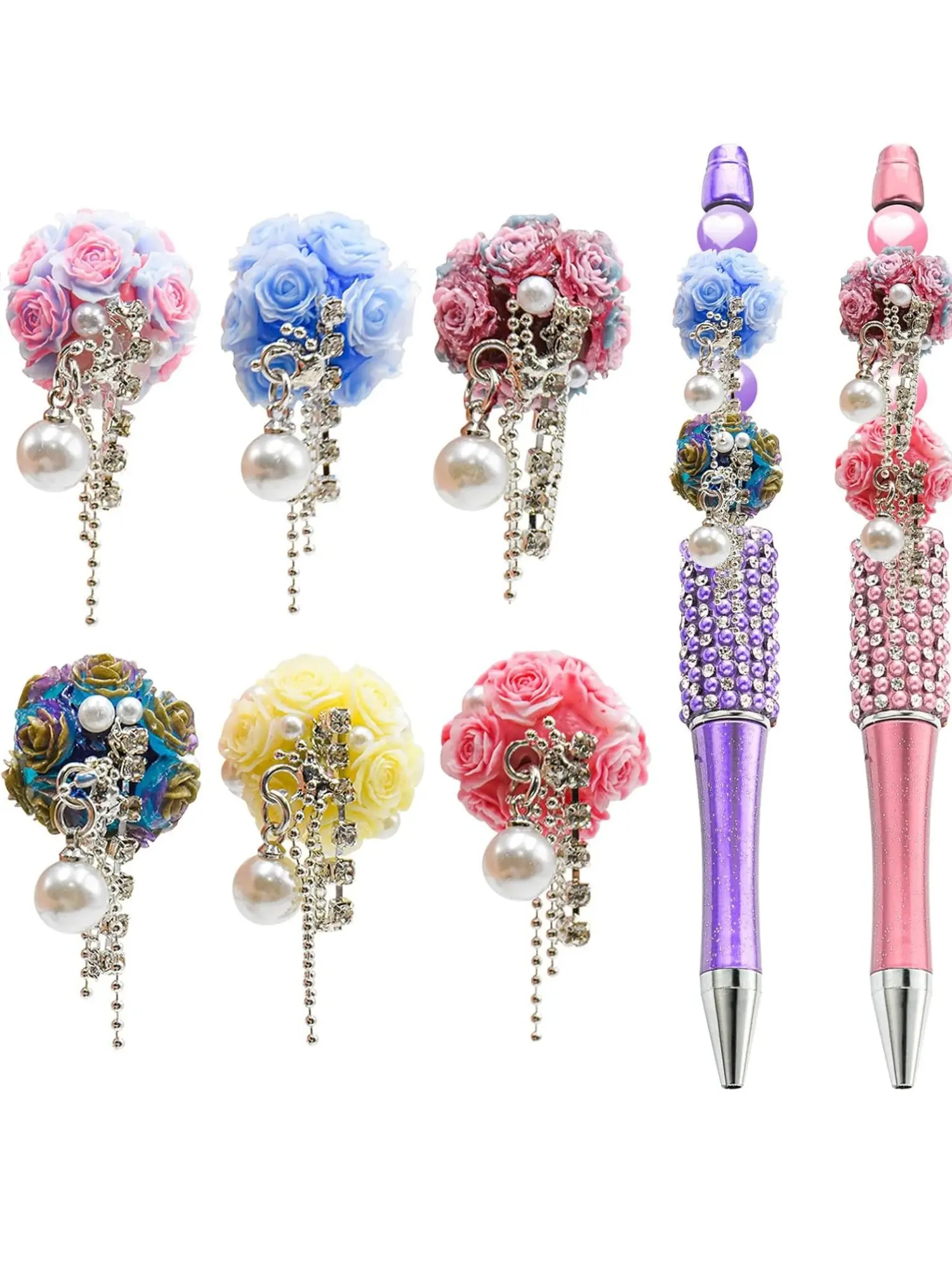 10 Random Color Clay Flower Flower Ball Tassel Focal Beads for Beaded Pens, DIY Key Chain, DIY Beading Accessories, or 10 Random Color Elegant Pens, Several Styles for Choice