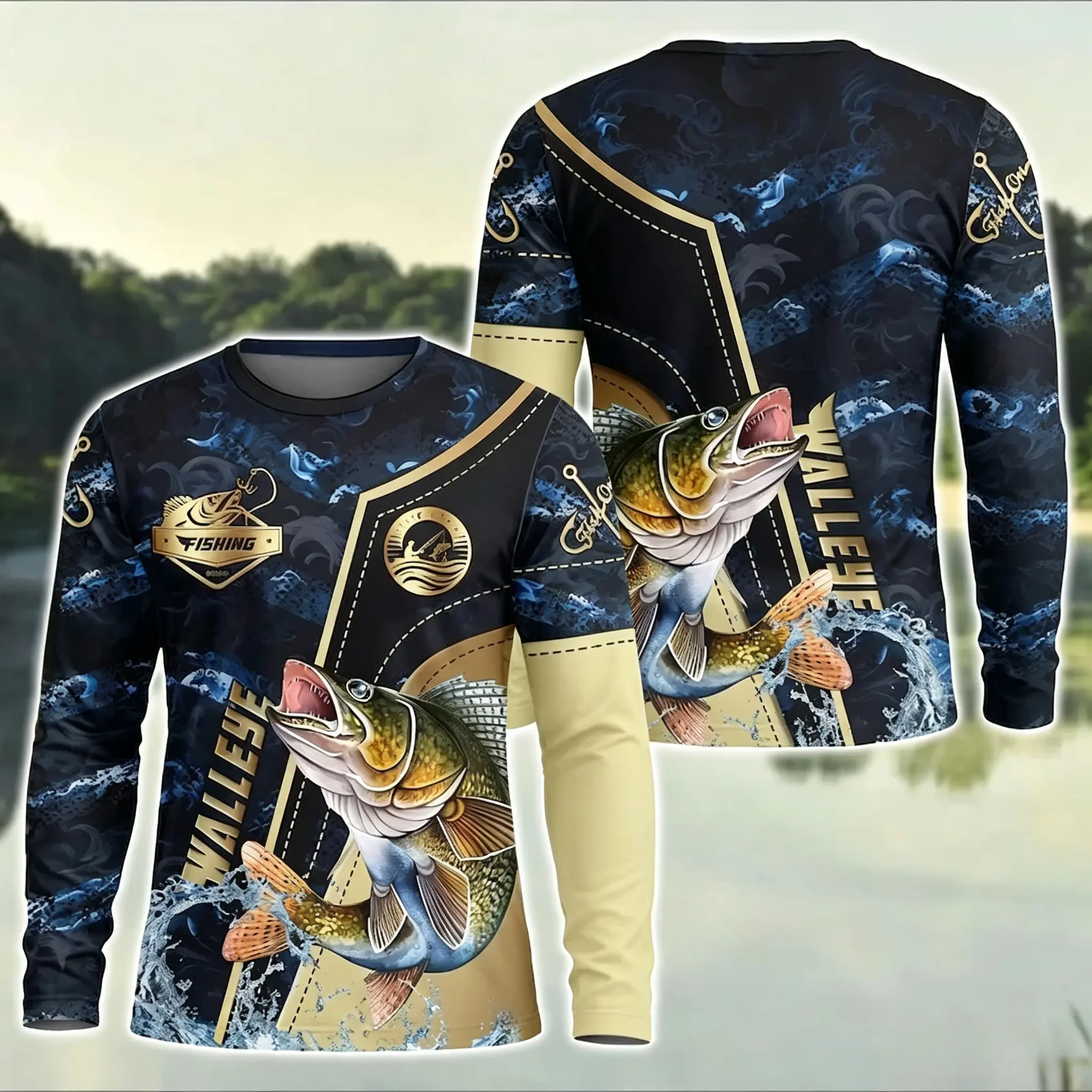 Walleye Fishing Ocean Wave Gold Luxury 3D Long Sleeve Shirt, Fisherman Daily Wear, Perfect Outdoor Fishing Gift For Anglers