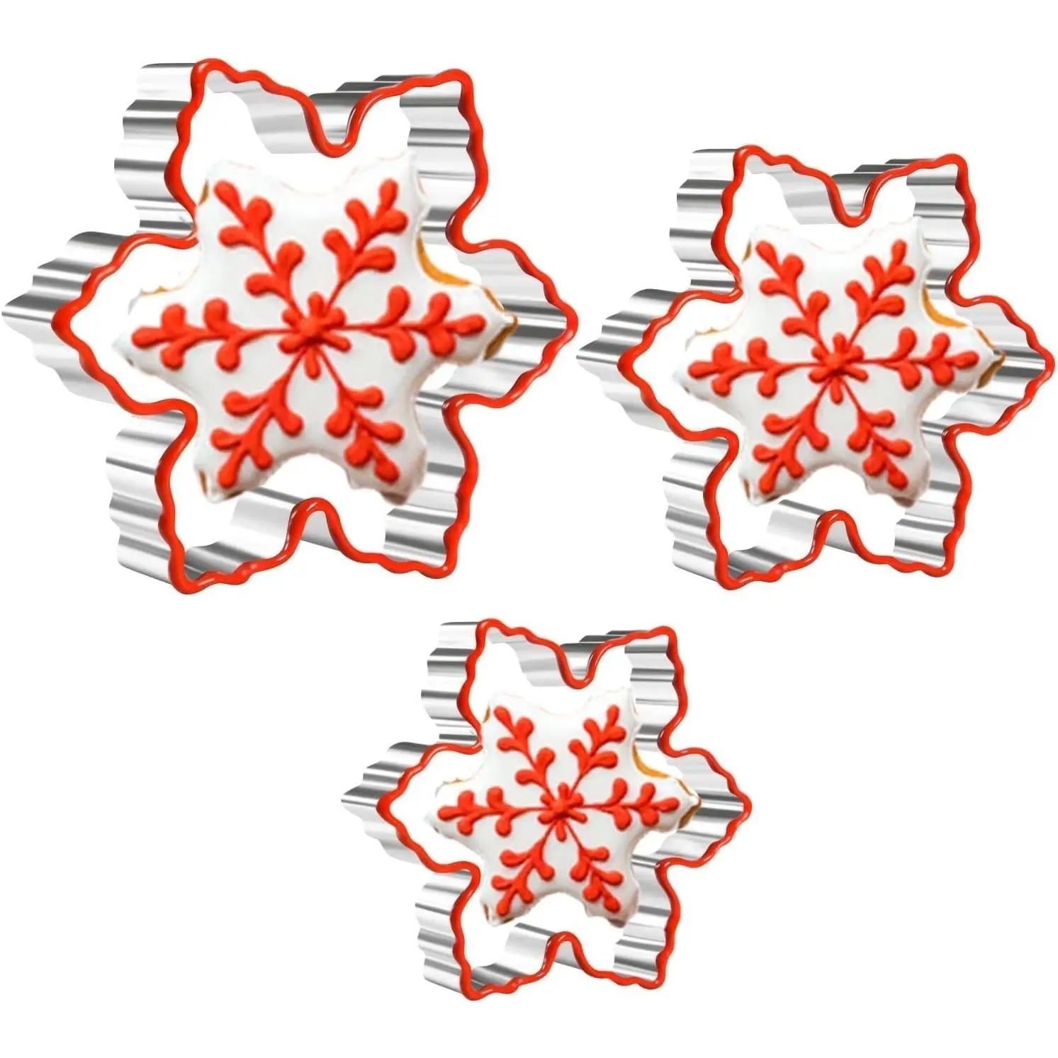 Christmas Snowflake Cookie  Set - 3 count Stainless Steel Cookie Cutters with Soft   for Biscuit, Fondant