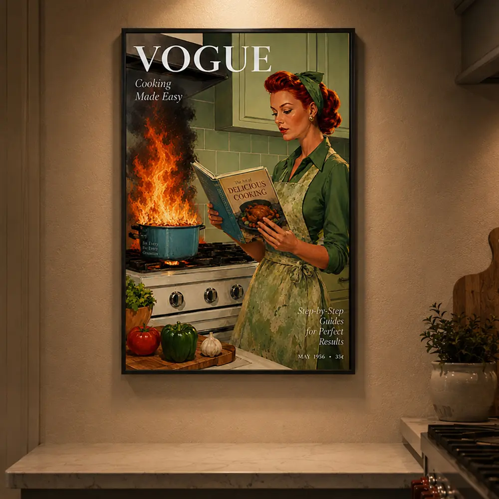 Funny Cooking Poster, Retro Magazine Parody Wall Art, Kitchen Humor Print, Vintage Housewife Decor, Gift for Mom, Unframed Canvas, Funny Kitchen Wall Art, Farmhouse Decor, Retro Kitchen Sign, Gag Gift, Cottagecore Decor