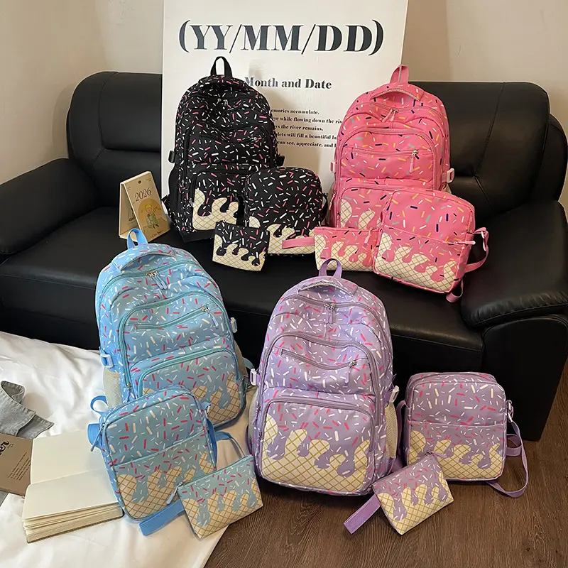 3-Piece Premium Large-Capacity Ice Cream Series Backpack Set for College Girls - Multi-Compartment Preppy Look School Backpacks, Lightweight Water-Resistant Gym Bag with Padded Straps, Backpacks For School