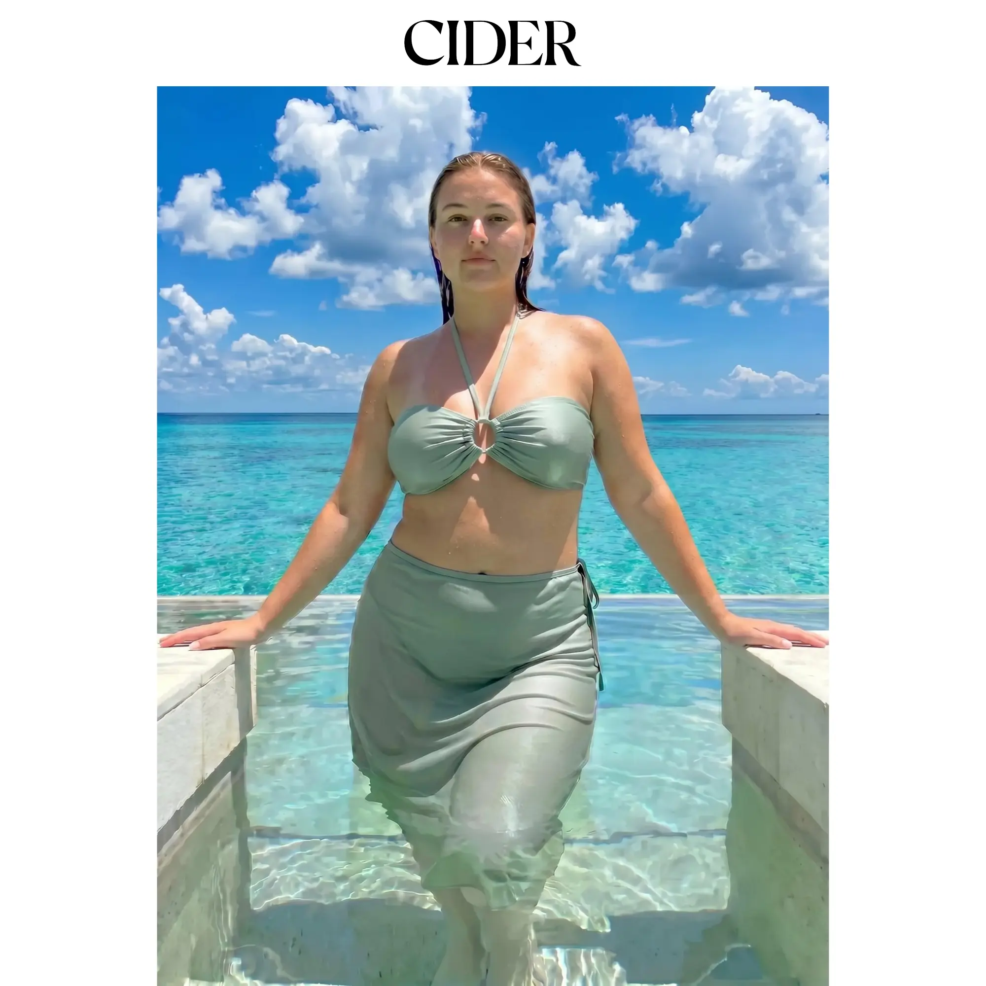 Cider Halter Neckline Knotted Beaded Tankini with Sarong