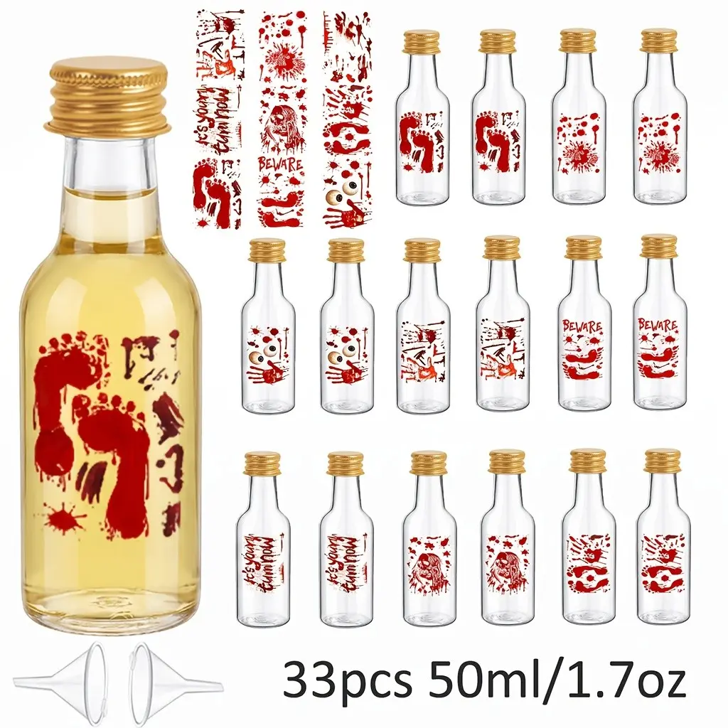 33pcs Halloween Creative Plastic Wine Bottles, Leak Proof Reusable Storage Bottles, Multi-Purpose Packaging for Rum Vodka Beverages