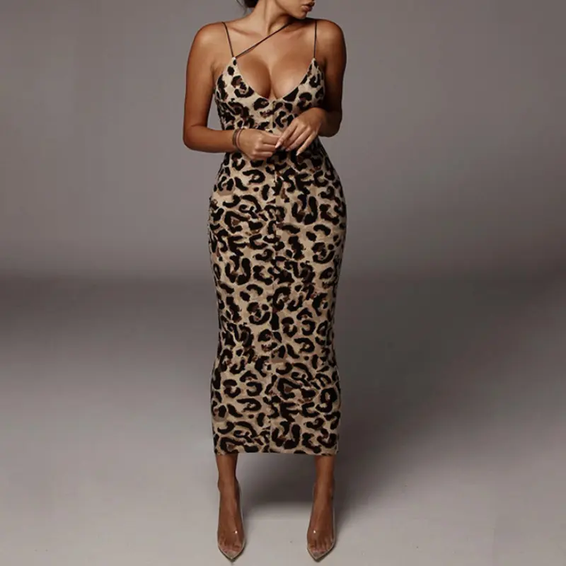 Women's Leopard Print Maxi Dress, Spaghetti Strap Bodycon Long Dress, Sexy V Neck Sleeveless Animal Print Slip Dress for Party, Cocktail, Club, Date Night, Evening, Vacation, Birthday, Wedding Guest, Fall and Summer Fashion, Going Out Outfit for Her