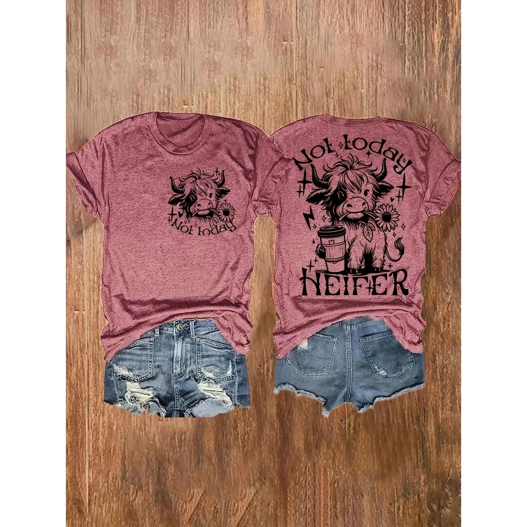Not Today Heifer Double Sided Graphic T-Shirt, Cute Highland Cow Coffee Sunflower Western Cowgirl Oversized Tee, 100% Soft 180g Cotton Unisex Top S-3XL