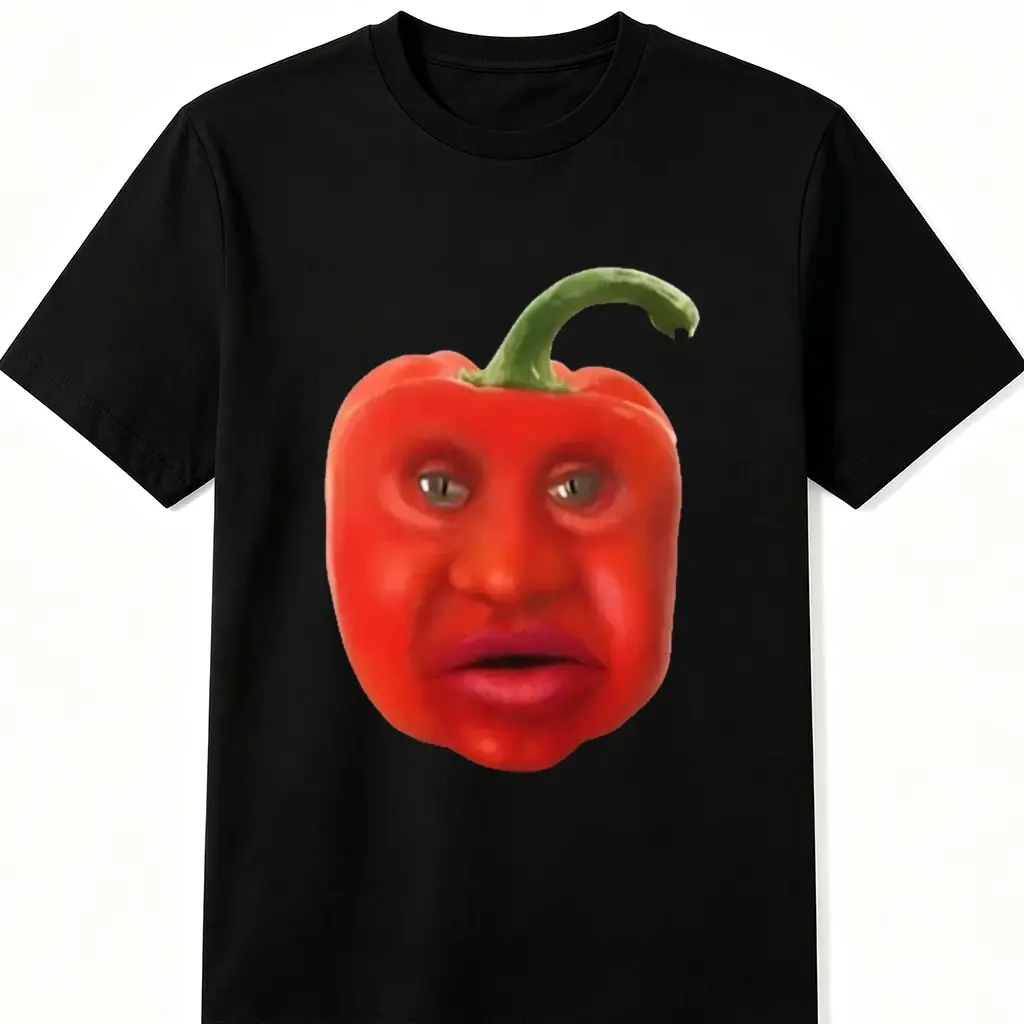 Men's Funny Red Pepper Customizable facial features Meme Graphic T-Shirt, Casual Relaxed Fit Crewneck in Thick Breathable 100% Cotton