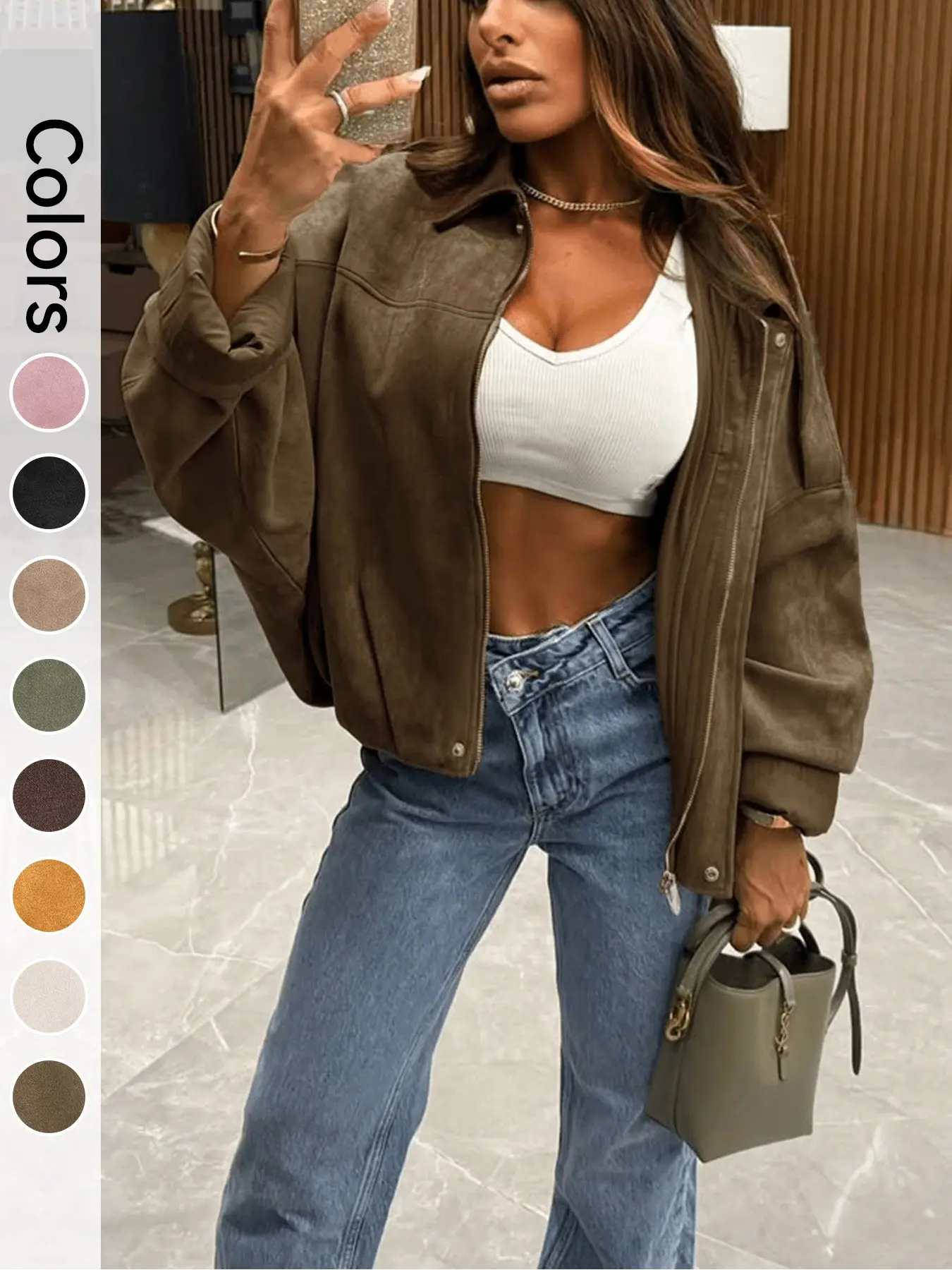 Women's Ultra-Loose Suede Flight Jacket, Casual Short Sleeve Zipper Design, Perfect for Fall & Winter, Comfortable Daily Wear, Everyday