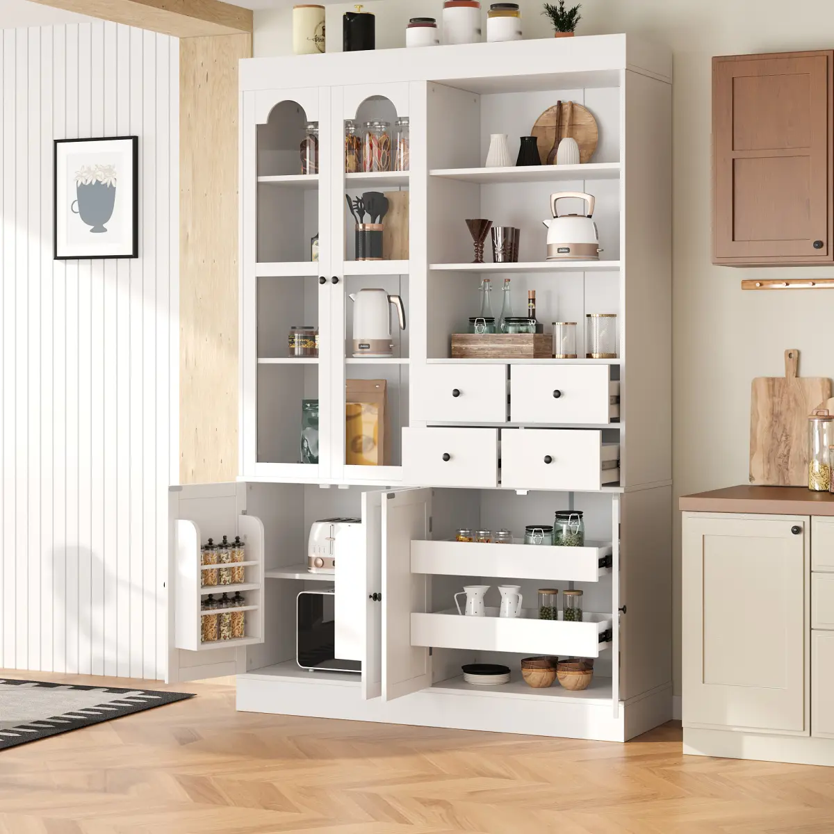 Aobtkel White Shaker Freestanding Buffet with Hutch (Video Guide Included) - 47.2x15.7x75 in P2 MDF Tall Kitchen Pantry Cabinet, 4 Drawers, Door Shelves, Pull-out Trays, Tempered Glass for Dining & Living Rooms WL, Rectangular