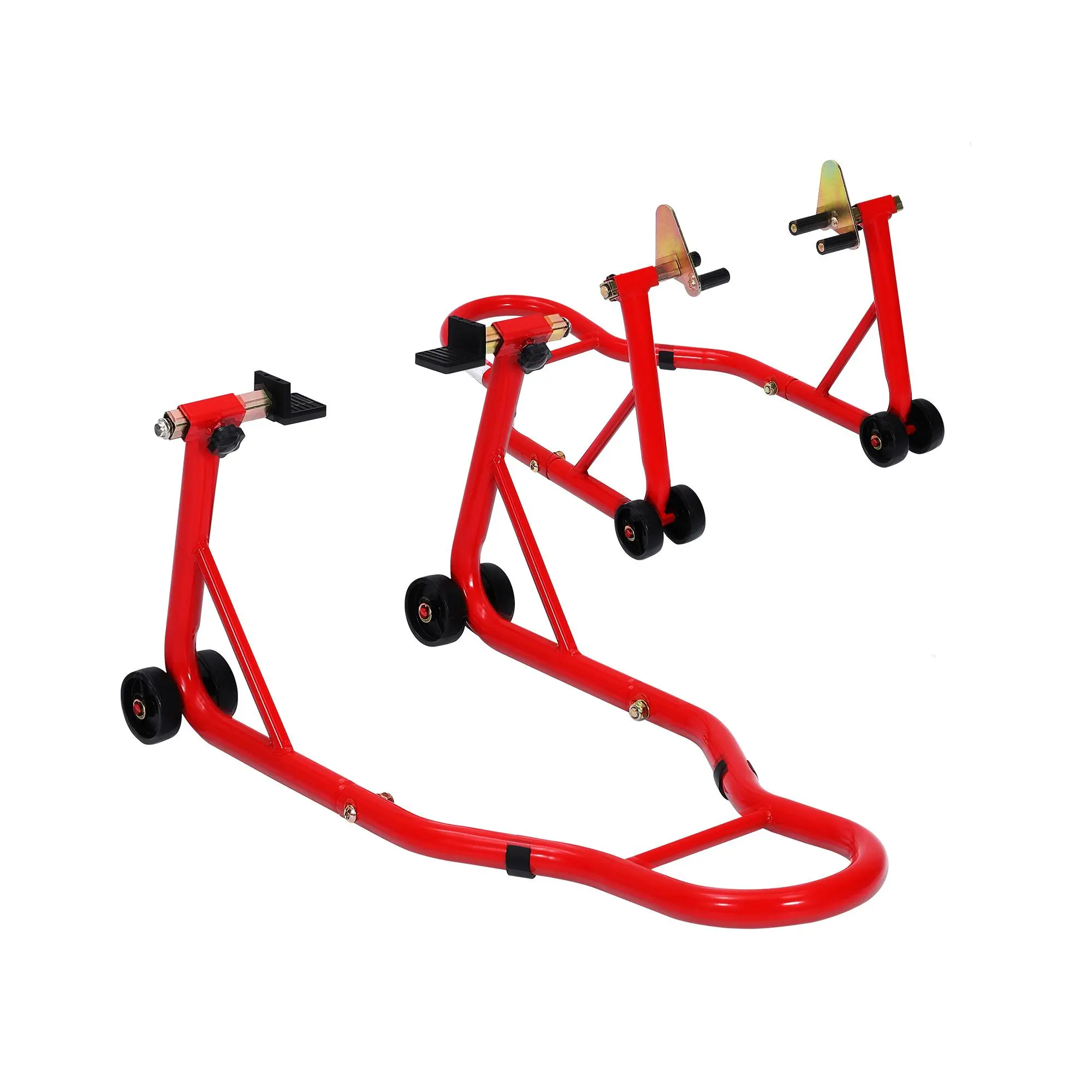 2-Pack Heavy-Duty Motorcycle Front & Rear Stand Combo - Q235 Steel, 900 lbs Capacity, Adjustable Width, Track Paddle Spool Paddock Design, Ergonomic Handles, All Hardware, Effortless Maneuverability, For Sport Bikes (1 x Front Stand Included), Street Bike