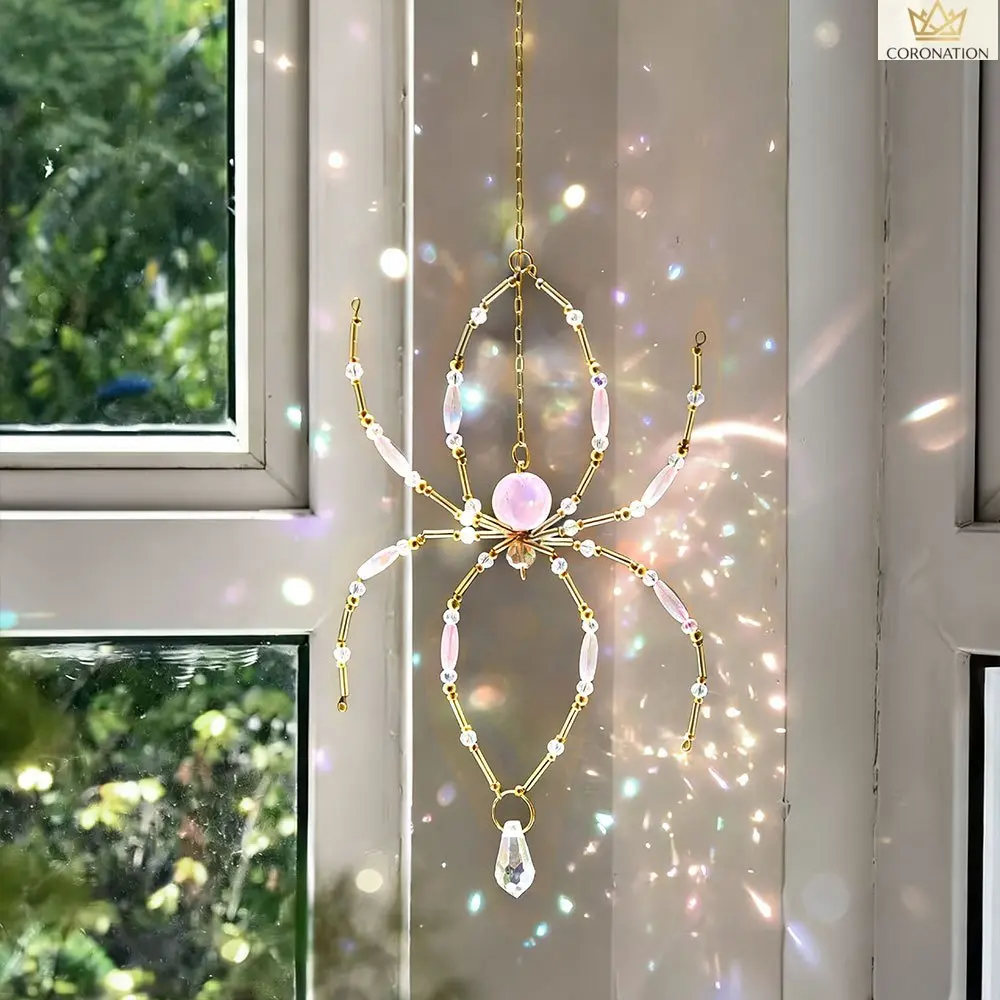 Boho Gothic Spider Sun Catcher with Pink Crystal Beads, Handmade Hanging Window Decor that Sparkles Light, Aesthetic Ornament for Home & Garden, Hangable, Spider Shape, Decoration, Room Decor, Gothic Boho, Sparkling Light