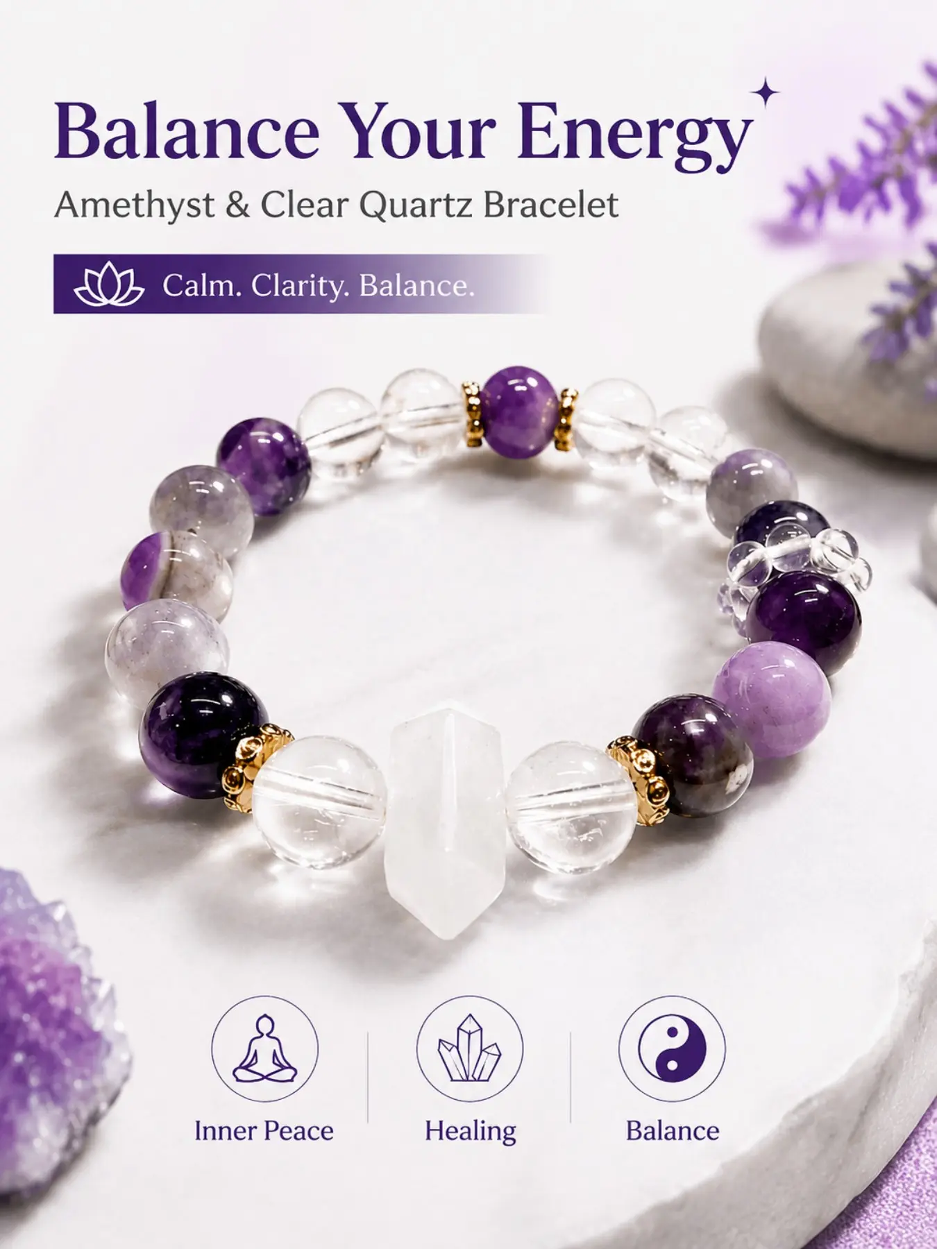 Natural Amethyst Quartz Women's Bracelet, Energy Healing Stone Jewelry, Calms Mind, Clarifies Thoughts, Balances Chakras, Yoga Gift, Anxiety Relief, Positive Energy Gemstone, Crystal Bracelets