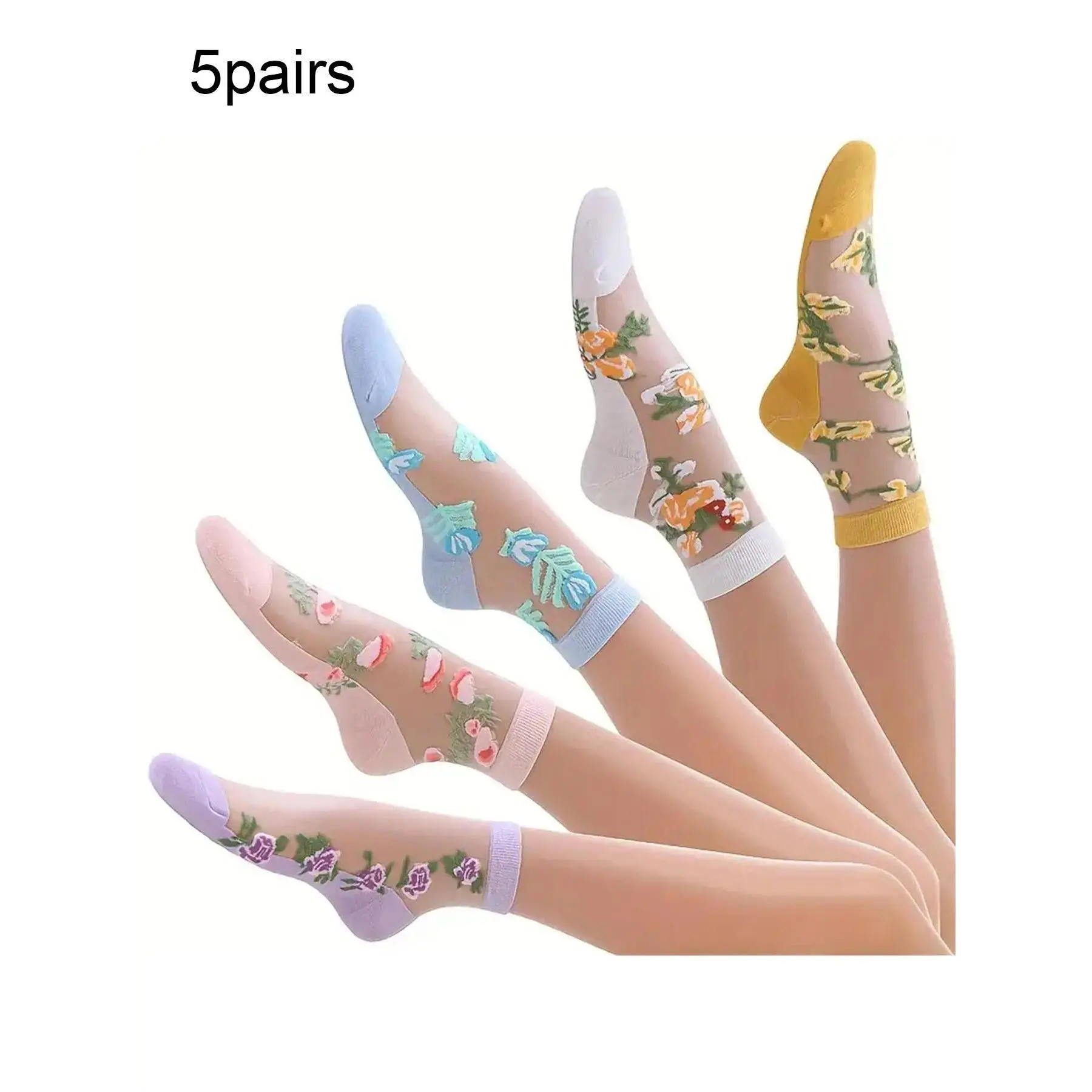 5-Pairs Women's Floral Embroidery Contrast Lace Colorblock Ankle Socks, Floral Pattern Socks, Casual Comfy Breathable Soft Socks for Daily Wear, Ladies Socks for All Seasons, Casual Stylish Socks