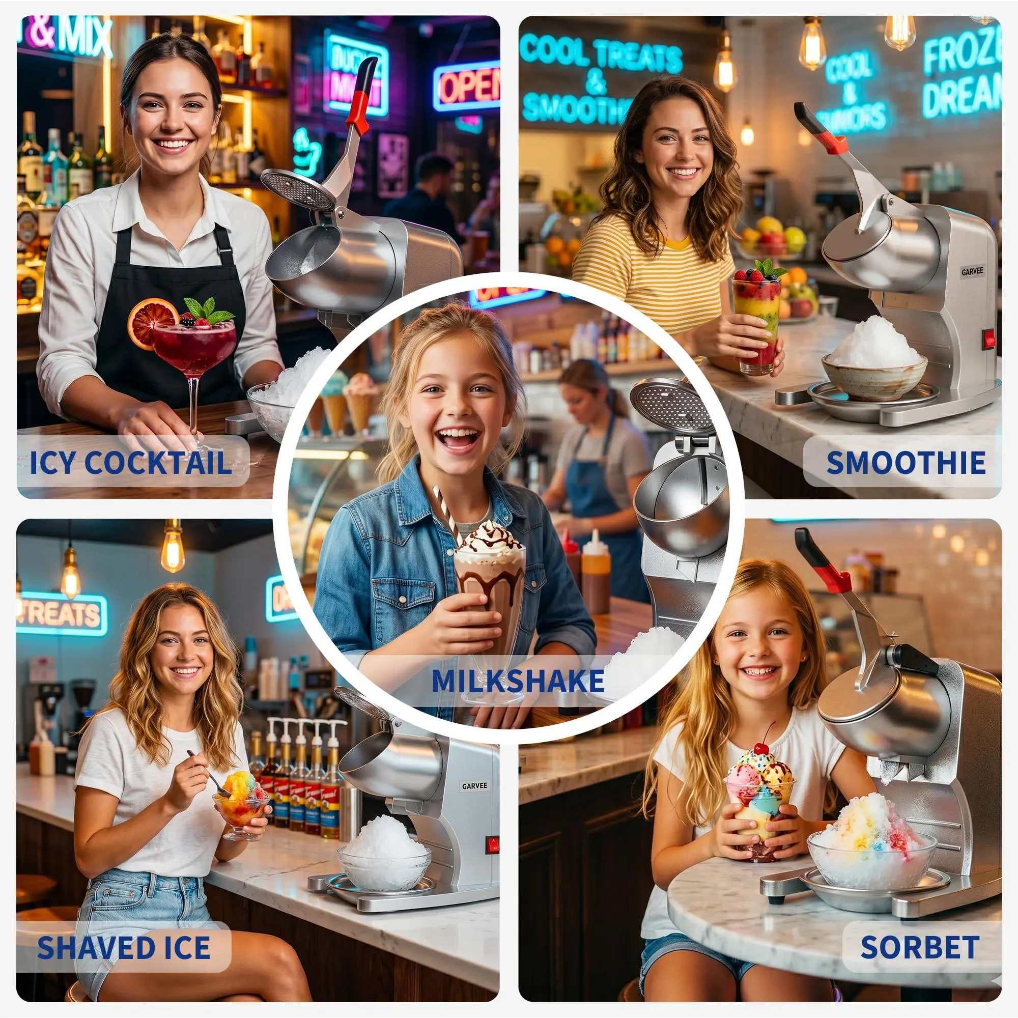 Garvee 350W Commercial Electric Ice Crusher & Shaved Ice Machine, 250 lb/hr High Output, Snow Cone Maker, 4 Stainless Steel Blades, 4.13 in Feed Chute, for Bar/Cafe/Parties