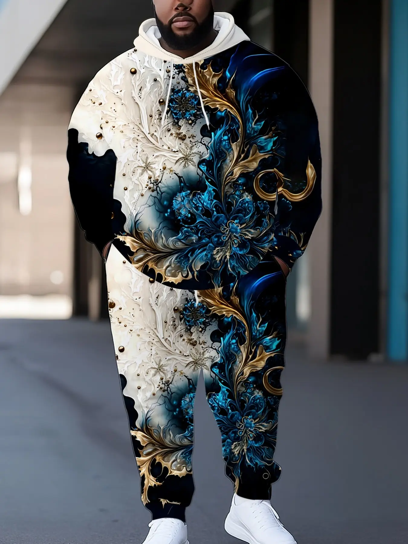 Blue Gold Liquid Floral Contrast 3D Full Print Plus Size Men's Hooded Sports Set, Loose Casual Athleisure, hoodie and sweatpants, Casual Asymmetrical Design, Fall & Winter