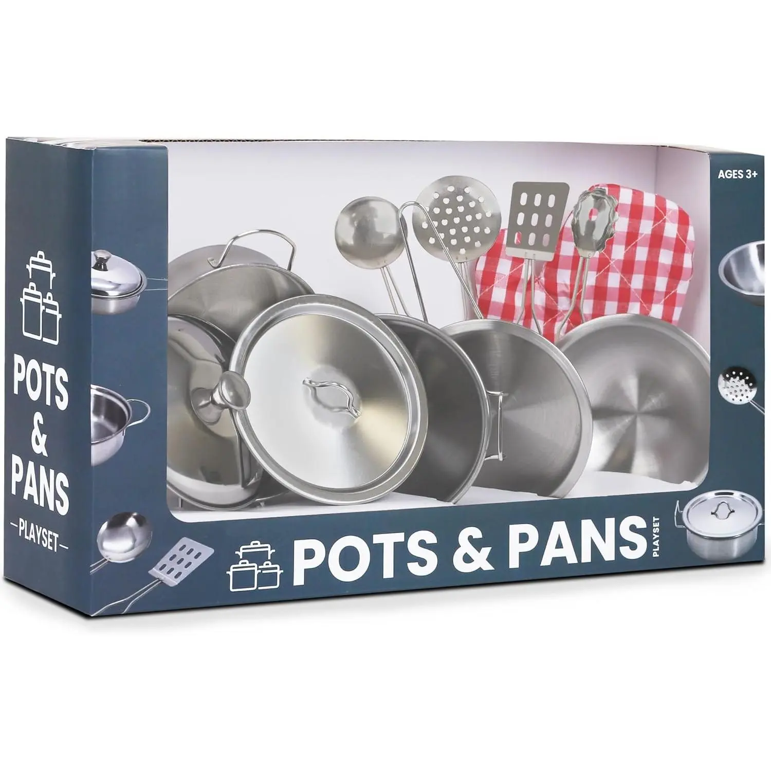 Stainless Steel Pots and Pans - Toy Cookware 9 Piece Playset  Kids Pretend Play House - Great Birthday Gift  Girls