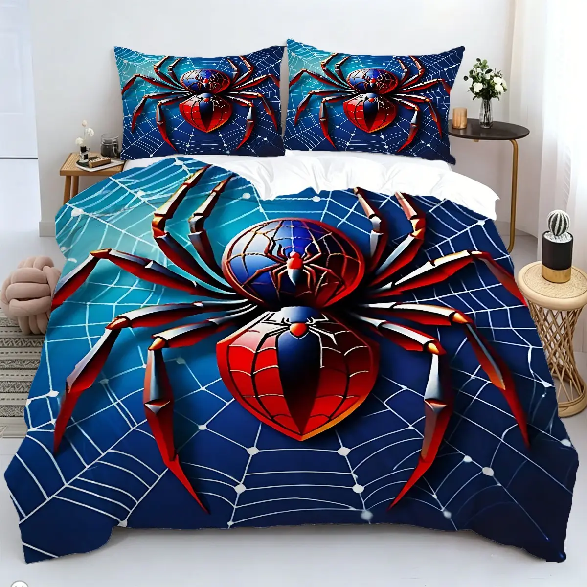2/3 Pcs Spider Print Duvet Cover Set, Soft Cozy Bedding Set, Perfect Bedroom Decor for Teen Boys, Comic Lovers, All Season. Includes 1 or 2 Pillowcase - No Filling/Zipper Closure