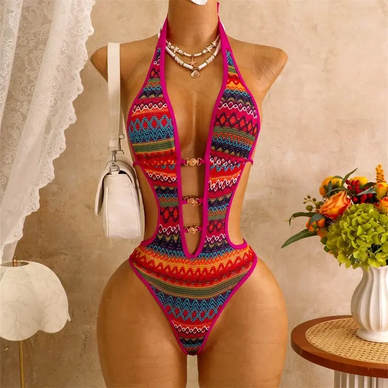 Sexy Deep V Hollow Monokini Crochet Y2k Knitted Bikini Micro String Extrem Backless Swimsuit Women Boho Swimwear Vacation OutfitBeach photography
