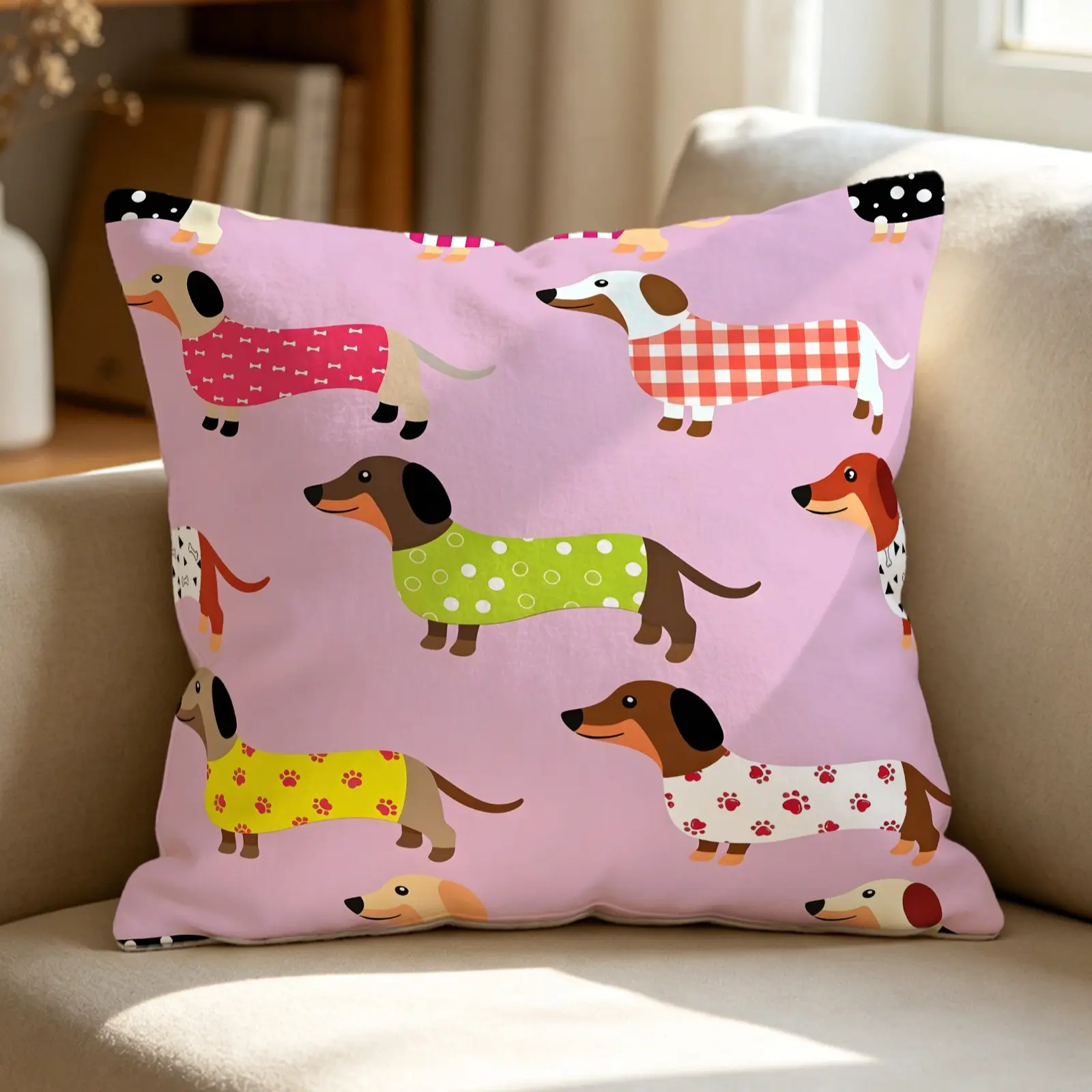 Cute Cartoon Dachshund Digital Print Throw Pillow, Soft Accent Pillow Cushion Includes Pillow Core, Sausage Dog Pattern Decorative Square Pillow for Sofa Couch Bed Car Home Decor, Machine Washable Cover Pet Lover Holiday Birthday Gift, Cushions For Sofa