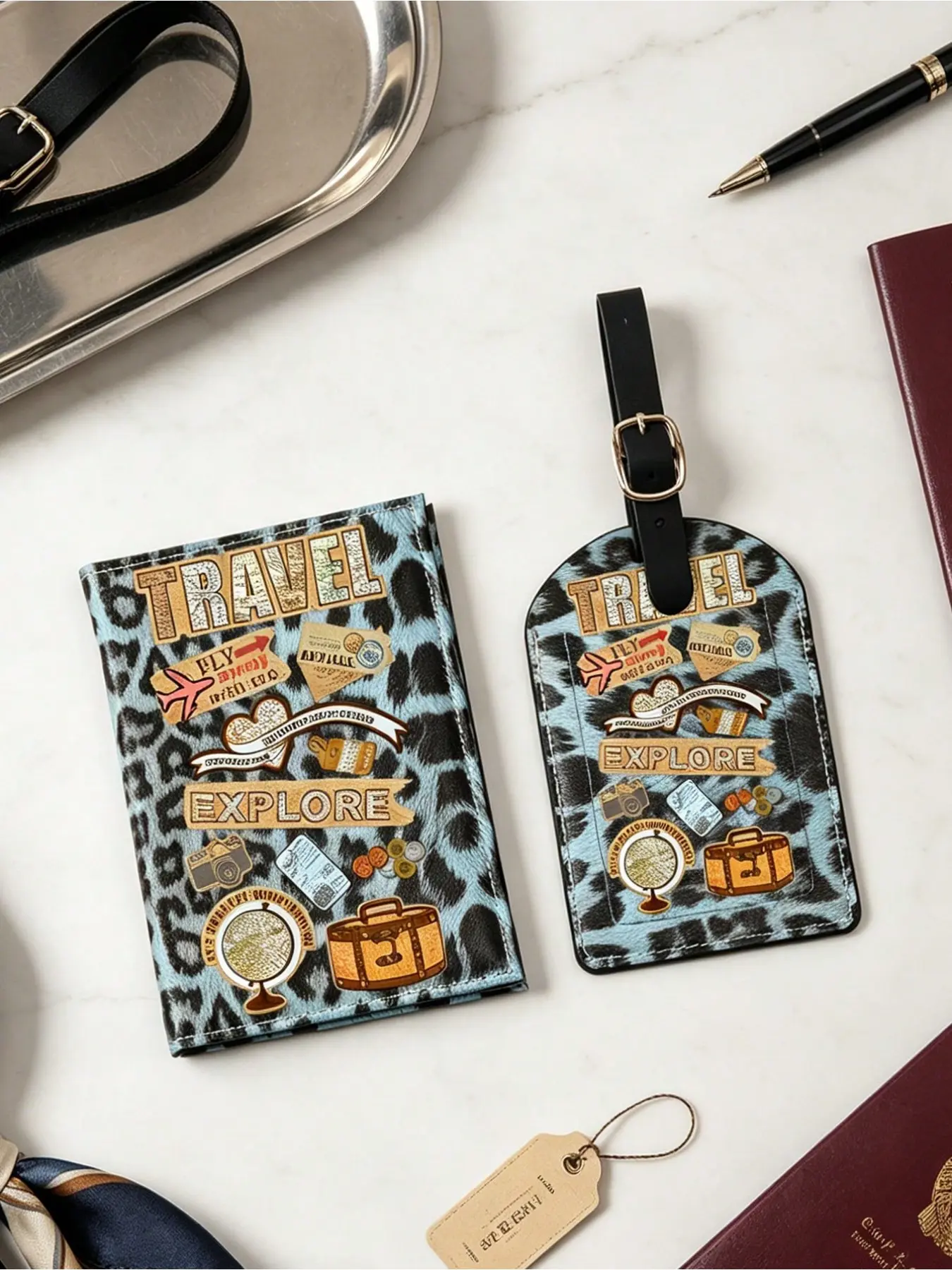 Passport Holder Set, PU Material Leopard Print Travel Passport Case and Luggage Tag, Anti-Loss Luggage Accessories, Unisex, Ideal Gift, Passport Cover