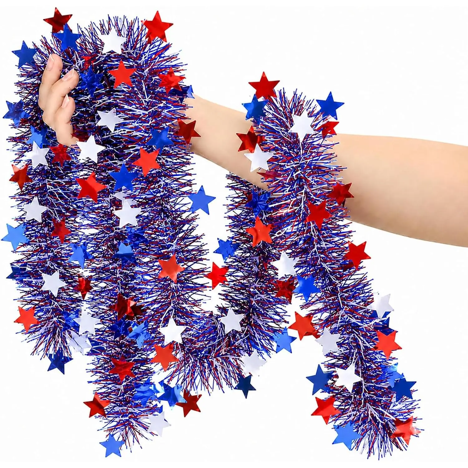 50Ft Red White Blue Star Garland Decorations,4th of July Patriotic Glitter Tinsel for Car Parade Golf Cart,Independence Day Decor for Home Party Holiday Yard Door Indoor Outdoor