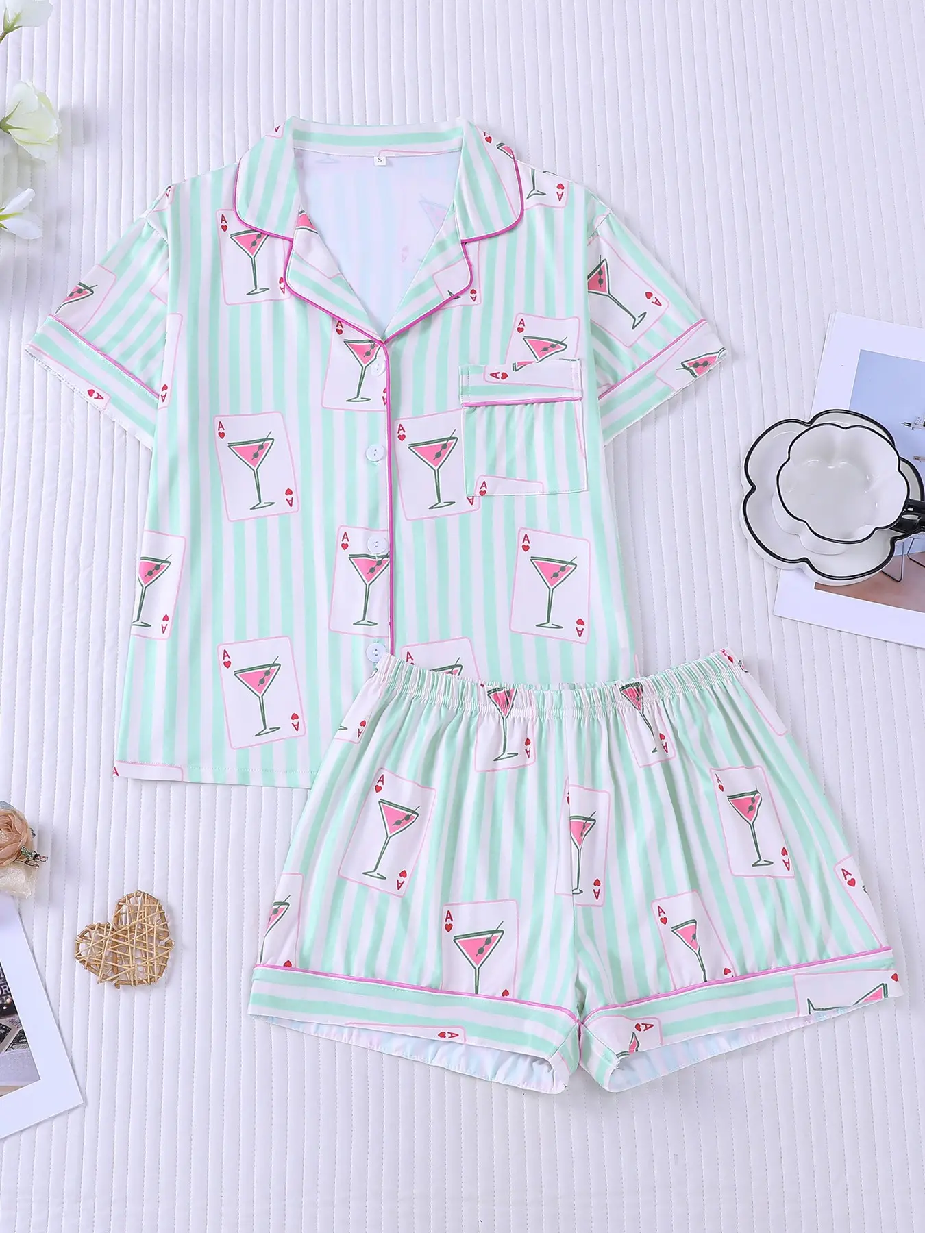 Women's 2-piece pajama set, Matching pajamas set, mint green white vertical stripes with poker cocktail glass print, hot pink piping lapel short sleeve top with pocket, matching shorts, soft fabric, elastic waist, all-season loungewear Pjs