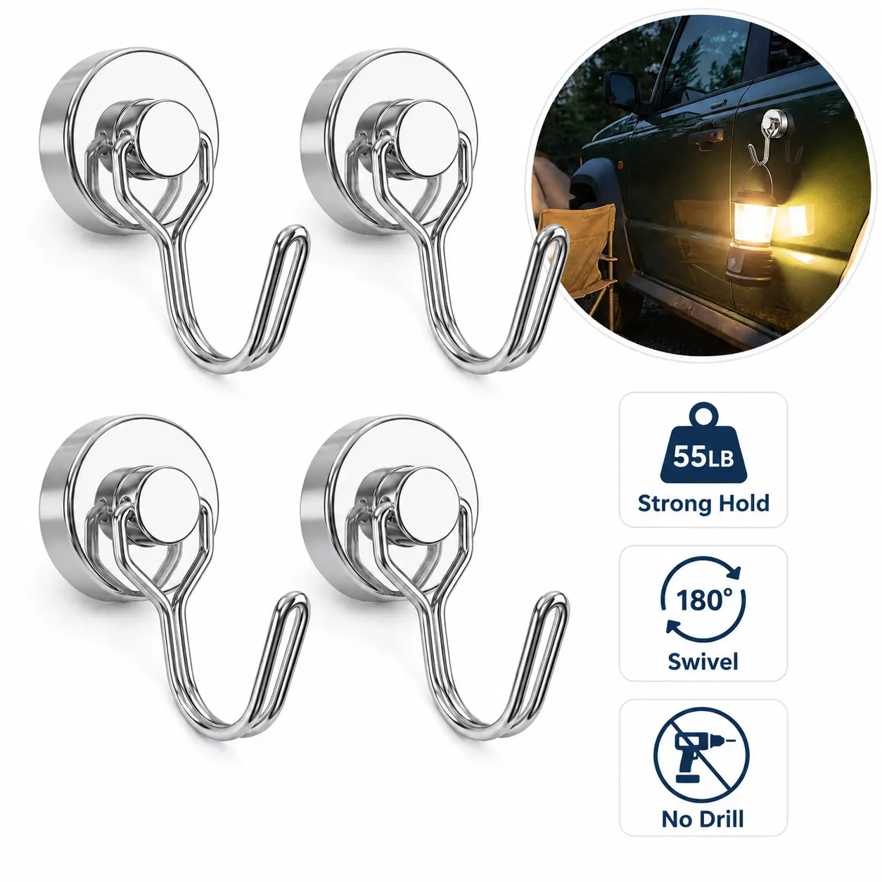4-Pack Heavy Duty Stainless Steel Magnetic Hooks, 55 LB Max Pull Neodymium Hangers with 180° Swivel, Anti-Scratch Rubber Base, Hangable No-Drill Installation for Camping, Garage, Metal Surfaces, Organiser