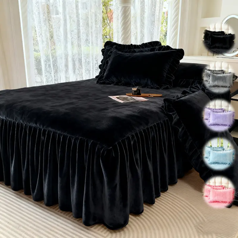 2/3pcs Solid Color Milk Velvet Bed Skirt Set, Ultra Soft & Cozy Bedskirt with 1/2 Pillowcases, Breathable Warm Polyester Bedding Set for Bedroom, Hotel & Guest Room
