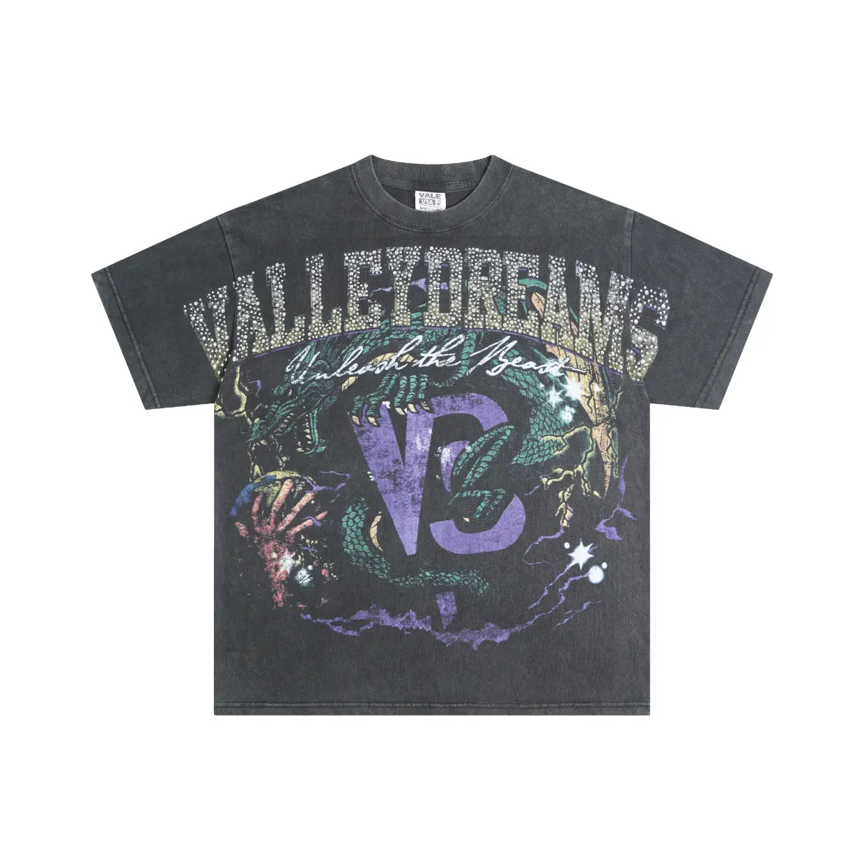 Hip Hop Trapstar Y2K Vale Dreams Rhinestone T-Shirt, Vintage Washed Heavyweight Cotton Oversized Drop Shoulder Short Sleeve Top for Men Women, Casual Night Club Outfit