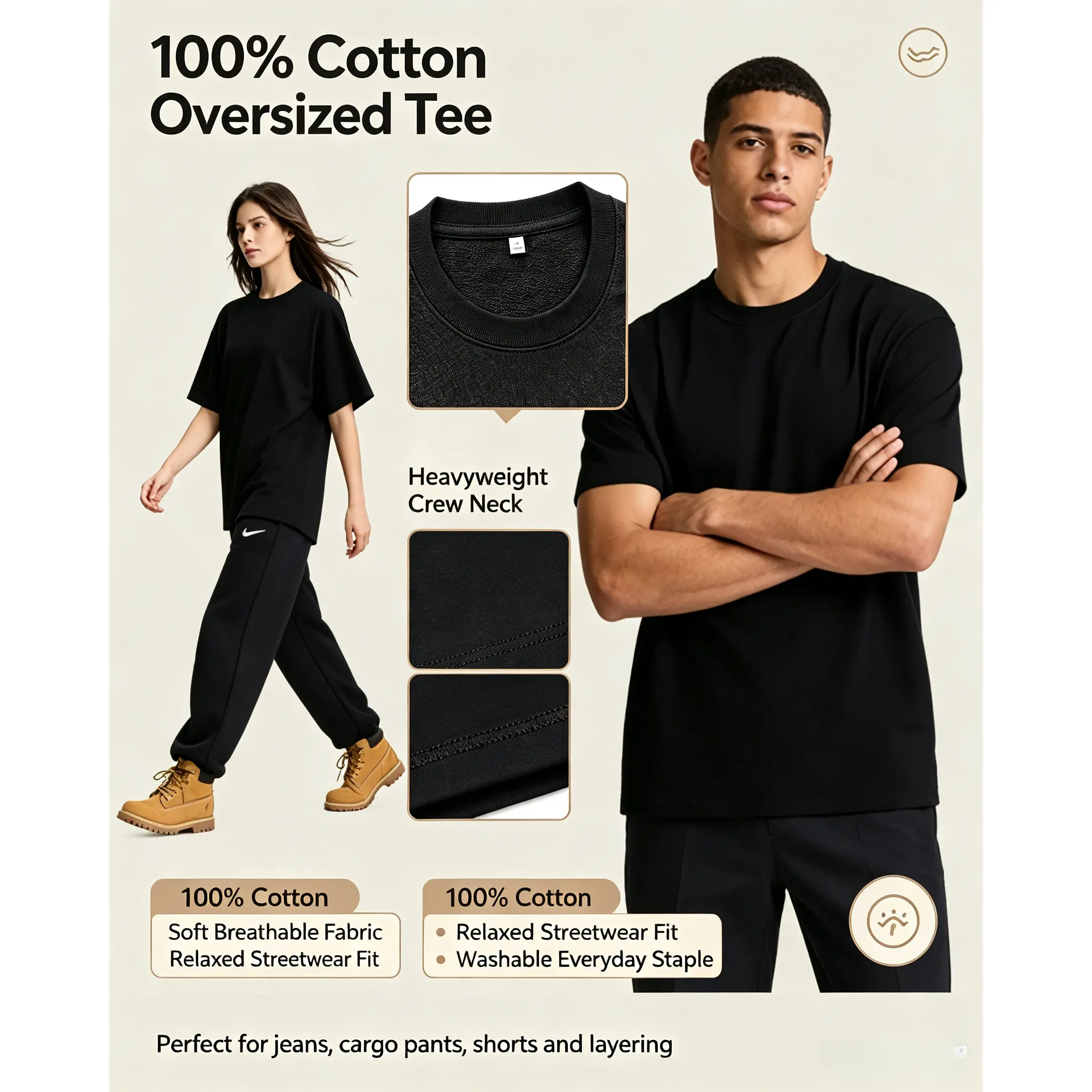 Solid Black Oversized Cotton T-Shirt for Men and Women, Soft Breathable Round Neck Shortsleeve Tee for Casual Streetwear, Menswear, Women's Clothes, Plain