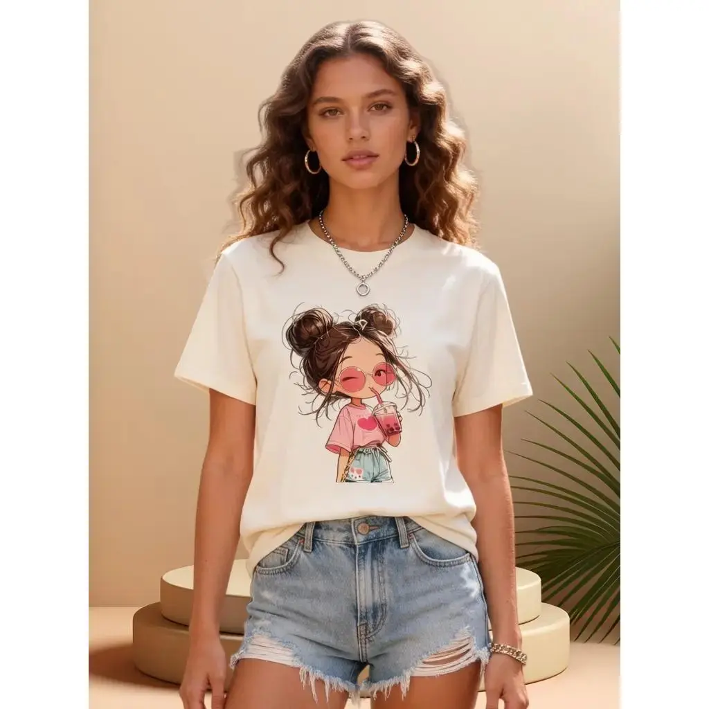 Women's Y2K Coquette Oversized Short-Sleeve Round Neck Pastel Pink Bubble Tea Girl Graphic T-Shirt - Kawaii Aesthetic Fabric Clothes, Trendy Casual Top, All Sizes Viral TikTok Fashion Pick