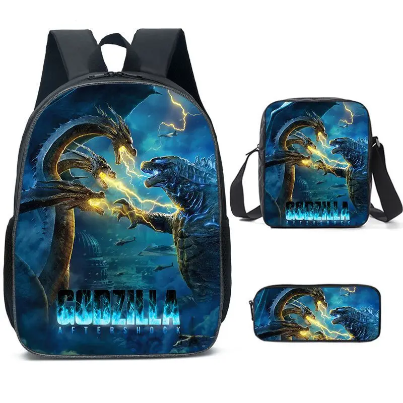 Durable Water Resistant 3-Piece Backpack Set for Kids, Multiple Styles Godzilla Vs Kong Monster Movie Print School Backpack with Lunch Bag and Pencil Case