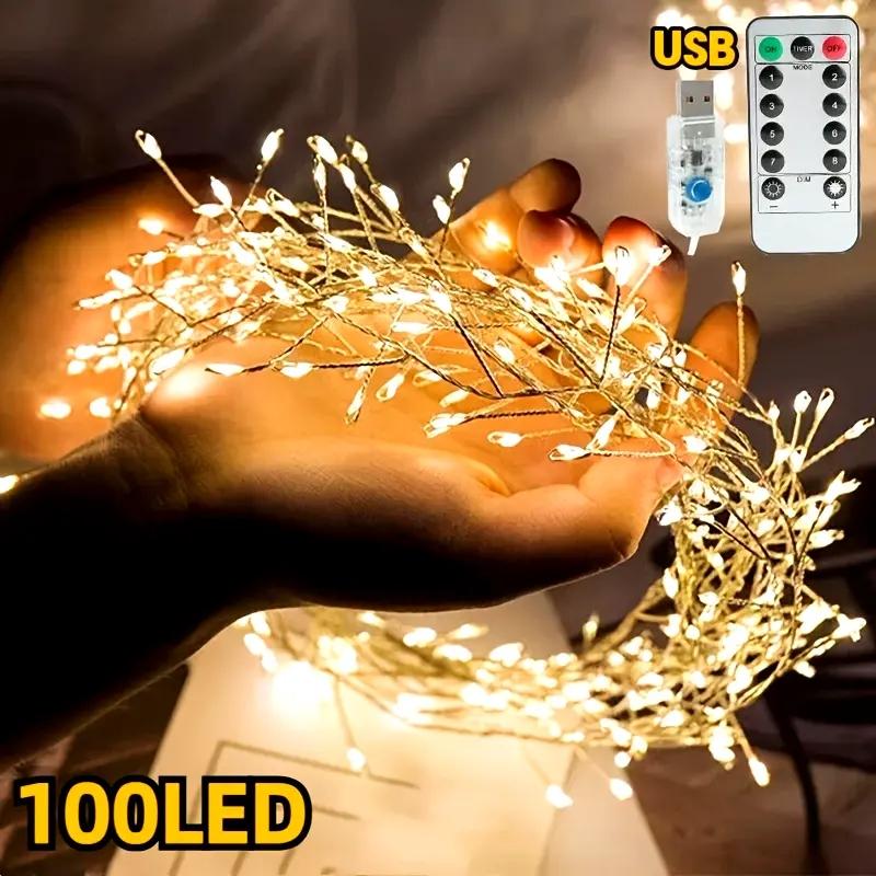 Warm White Light 100led/50led Firework String Lights, USB Powered Copper Wire, Indoor Decorative Party Christmas Tree Thanksgiving Decorations