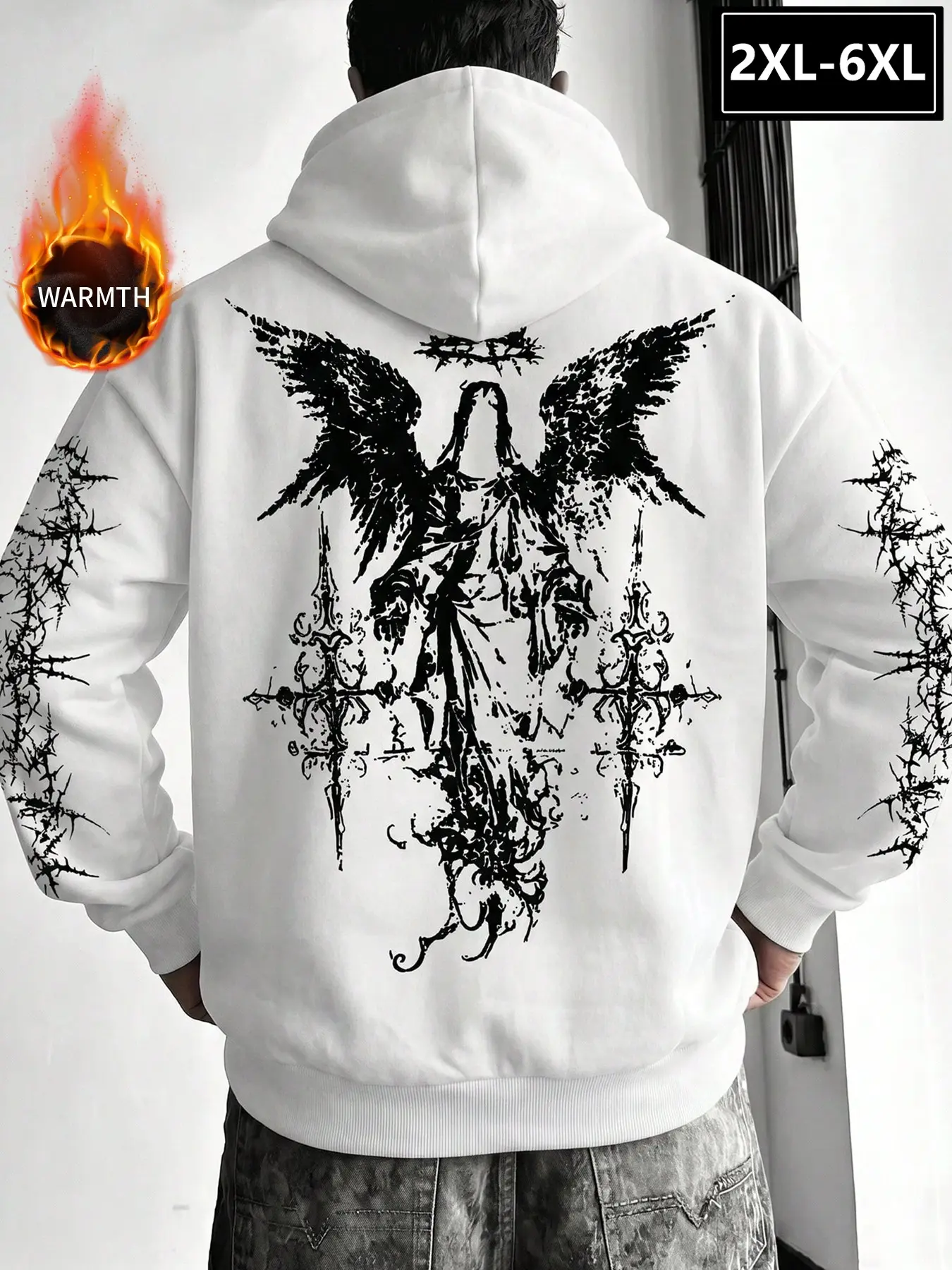 Men's Plus Size Gothic Angel Thorns Graphic Print Long Sleeve Hoodie 2xl-6xl, Loose Fitted Casual Sweatshirt, Fall Winter Streetwear, Durable & Versatile