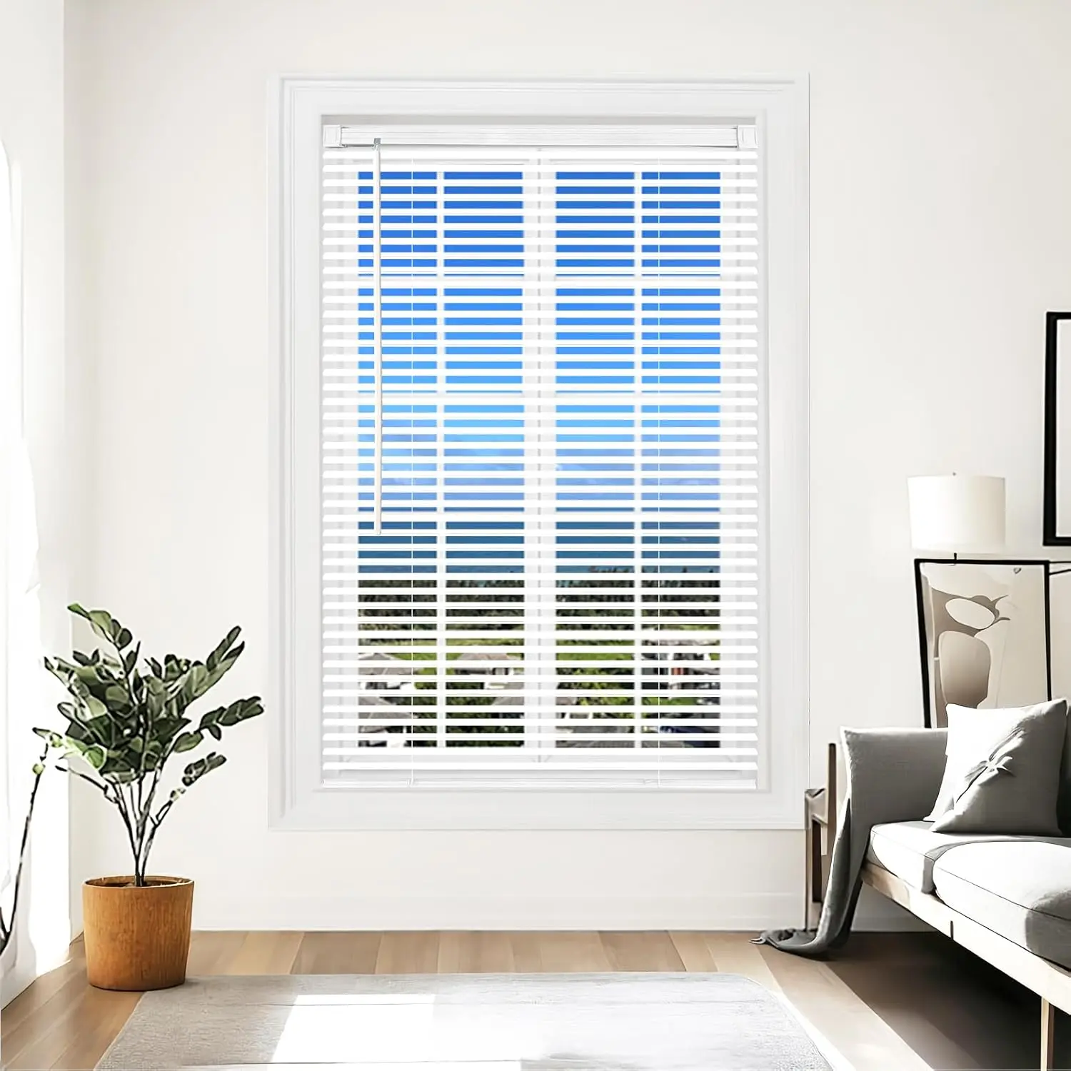 Cordless Vinyl Mini L Blinds 22" W x 48" H, 1" Slat White Horizontal Window Blinds for Door, Shades, Camper, Light Filtering, 1/2 Inch Narrower Indoor