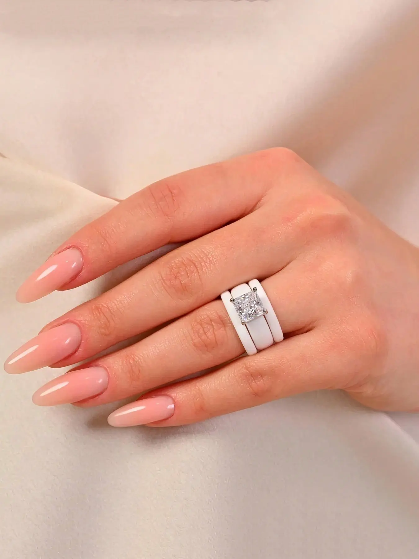 3-Piece Princess Square Cut Cubic Zirconia Silicone Ring Set, Women's Wide Band Single Stone Promise Rings, elegant fashion rings, Wedding Engagement Jewelry Gift
