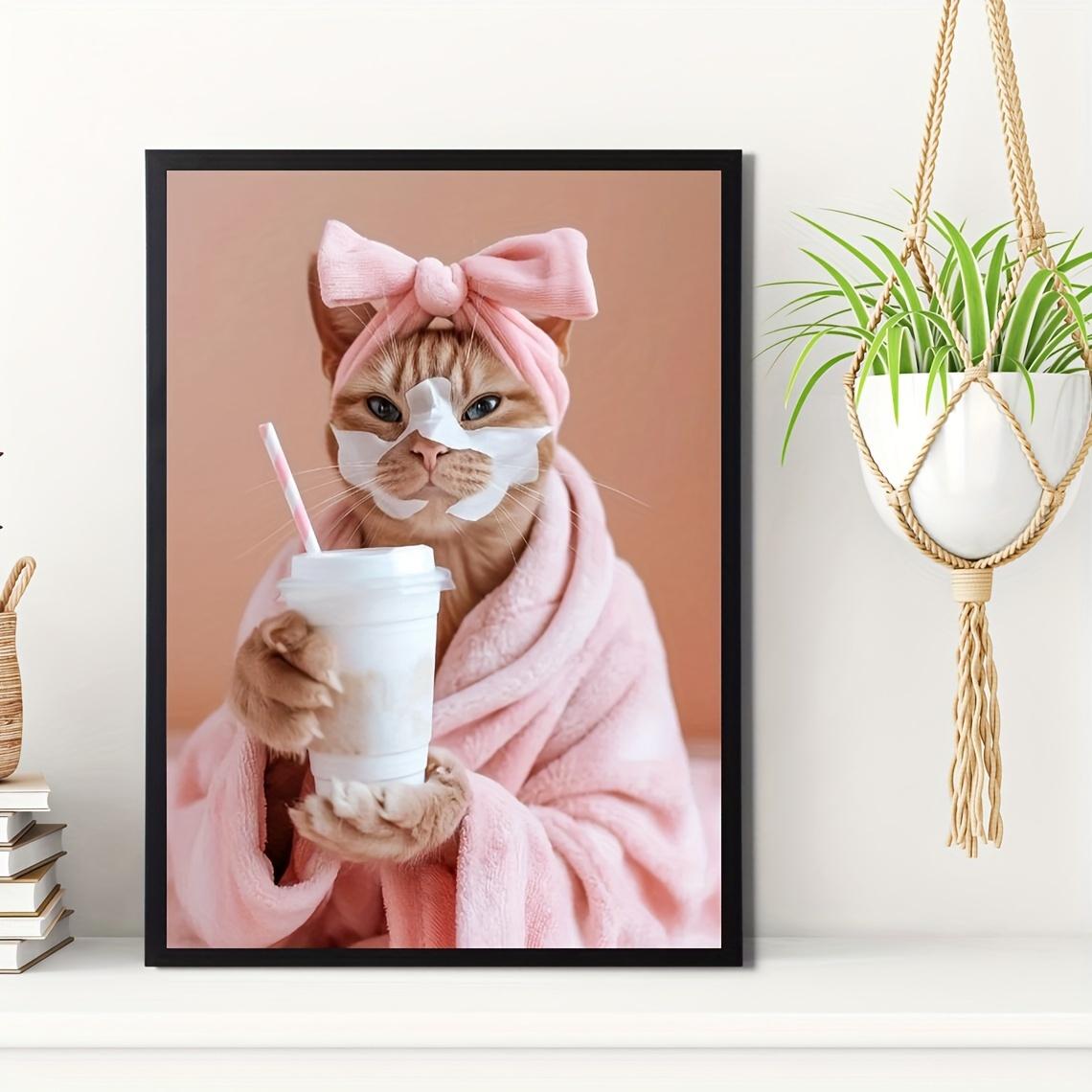 Funny Cat Spa Day Wall Art Set - 1pc Major Material: Other - Playful Cat with Milk Tea Face Mask Canvas Print, Unique Gift for Pet Lovers, Vet Clinic Decor, Humorous Bathroom Artwork, Creative Home Bedroom Kitchen Living Room Cafe Office Toilet Wall Decor