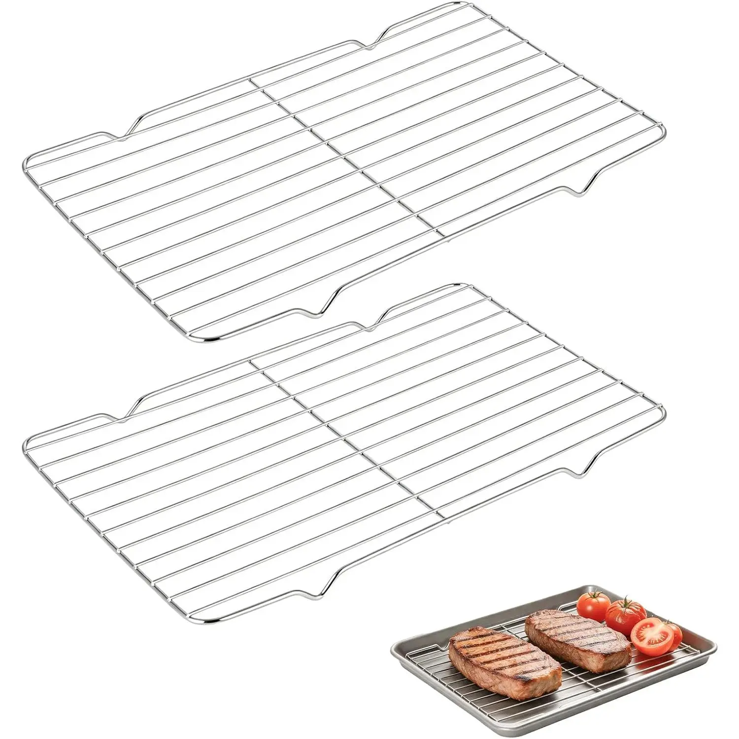 Roasting Rack for 9x13 Baking Pan, Wire Rack for Cooking and Baking Sheet | Baking Pan Roasting Rack for Oven, Cooling Rack, Bacon Rack Steak Meat Resting, Easy to Clean Dishwasher Safe, 2 count