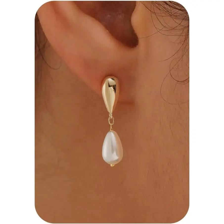 Pearl Earrings-14K Gold Plated Dainty Pearl Drop Simple Wedding CZ Dangle Dangling Cute Stud Earrings for Brides Earrings for Women Gifts